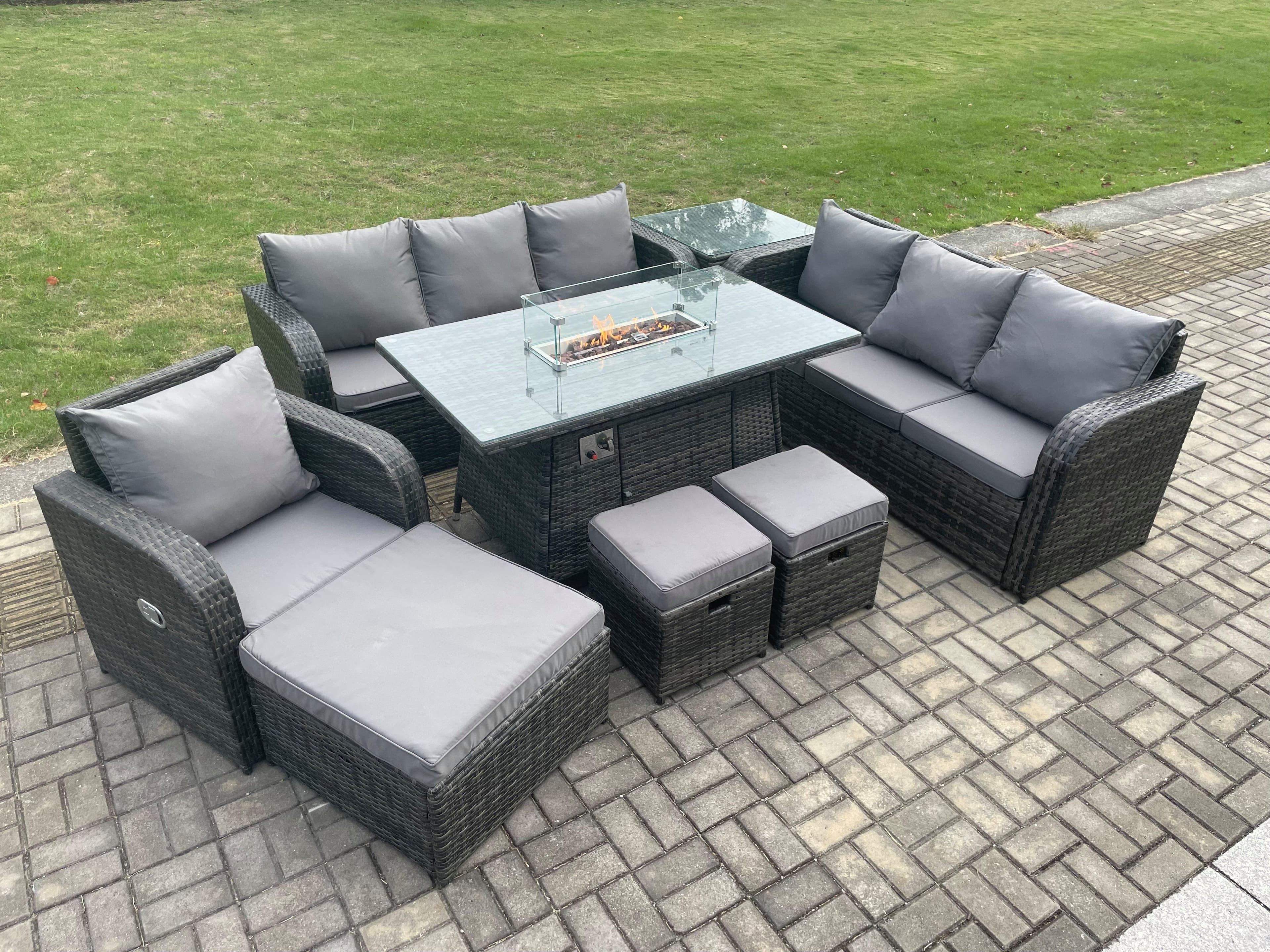 10 Seater Wicker Rattan Garden Furniture Set Gas Fire Pit Dining Table Reclining Chair 3 Seater Sofa Set Indoor Outdoor Footstools