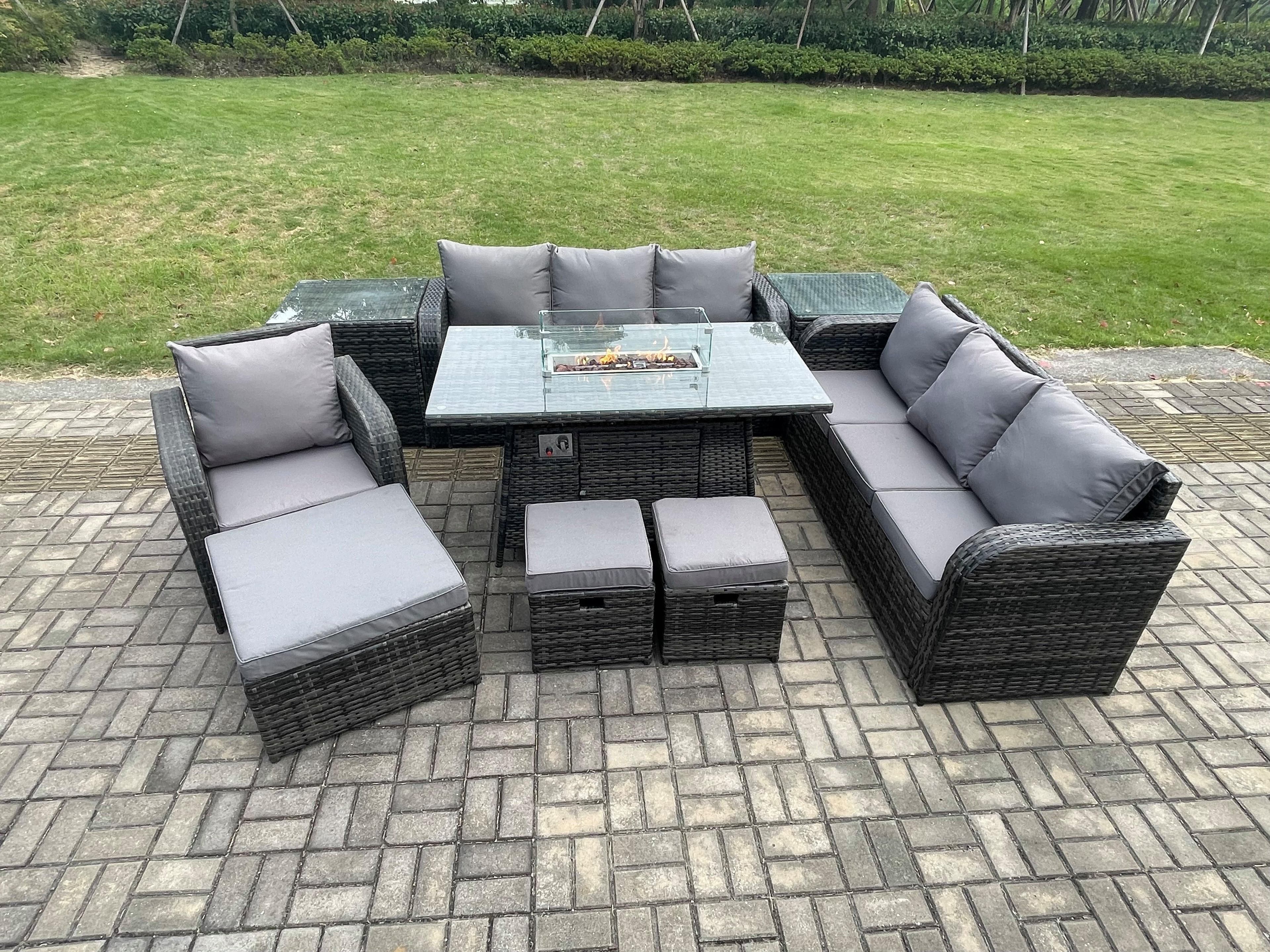 Wicker Rattan Garden Furniture Set Gas Fire Pit Dining Table Reclining Chair 3 Seater Sofa Set Indoor Outdoor 2 Side Tables 3 Footstools