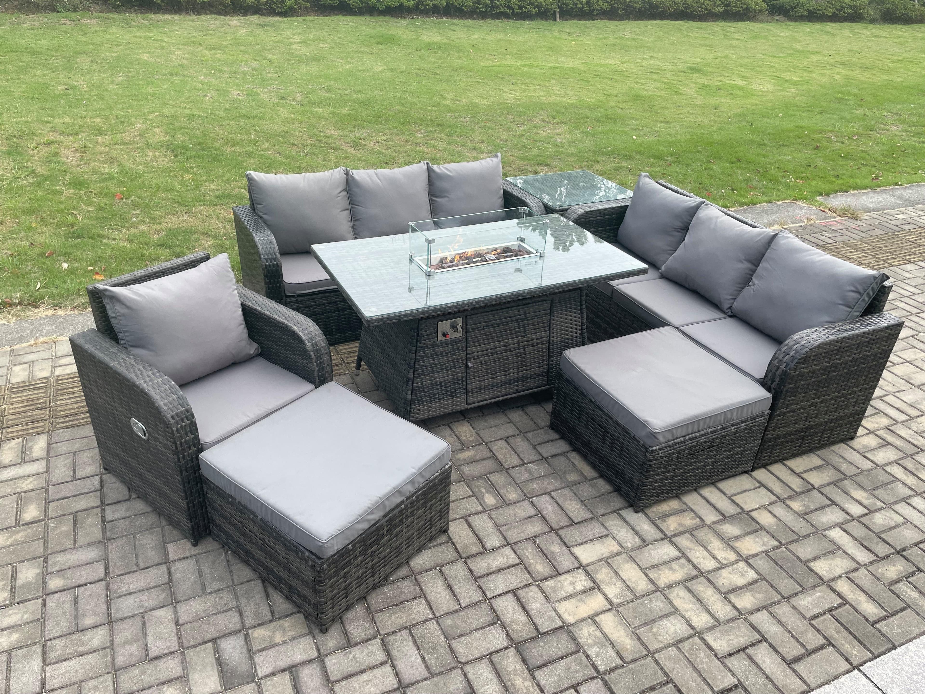 9 Seater Wicker Rattan Garden Furniture Set Gas Fire Pit Dining Table Reclining Chair 3 Seater Sofa Set Indoor Outdoor Side Table