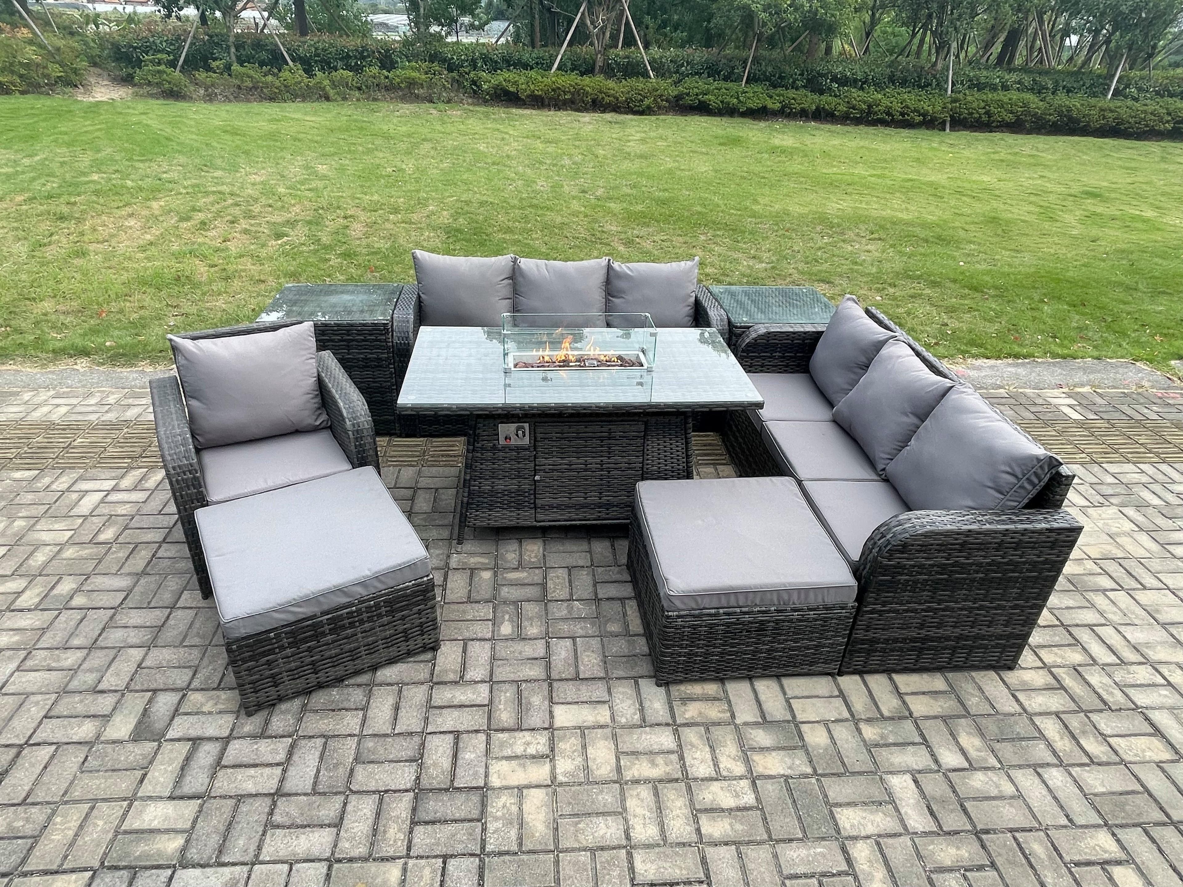 9 Seater Rattan Garden Furniture Set Gas Fire Pit Dining Table Reclining Chair 3 Seater Sofa Set Indoor Outdoor 2 Side Tables
