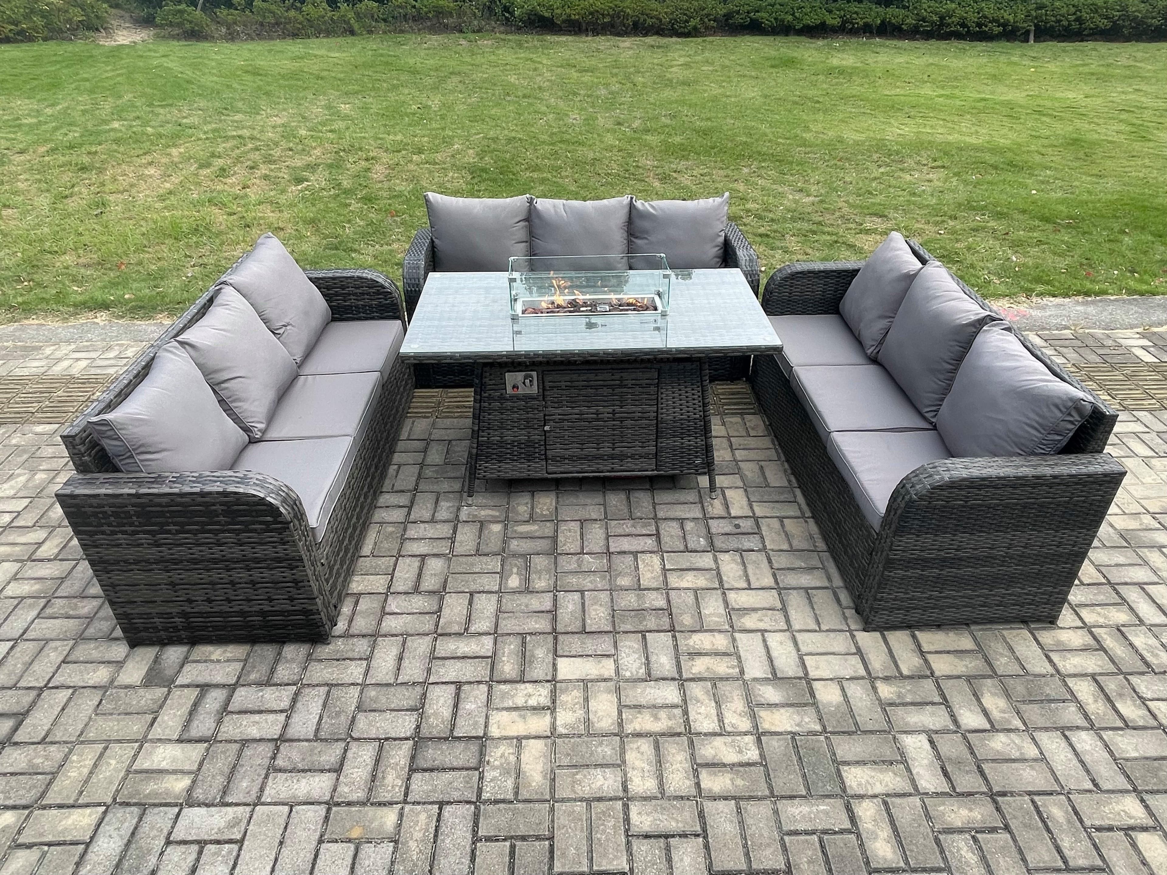 Rattan Garden Furniture Set Fire Pit Table 4 Pieces Outdoor Lounge Sofa Set Dark Grey Mixed