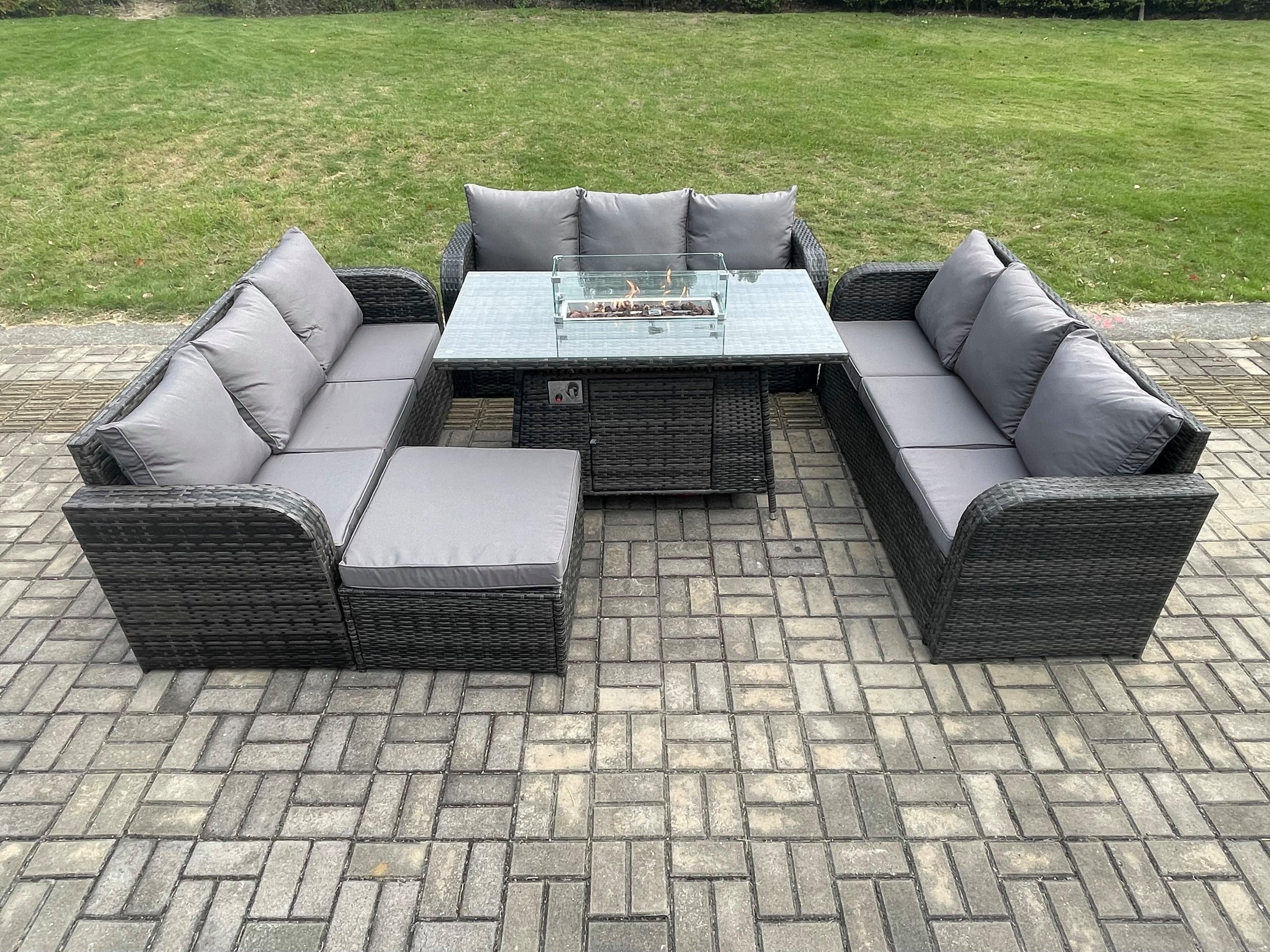 Rattan Furniture Garden Dining Set Gas Fire Pit Table 3 Seater Sofa Footstool Dark Grey Mixed