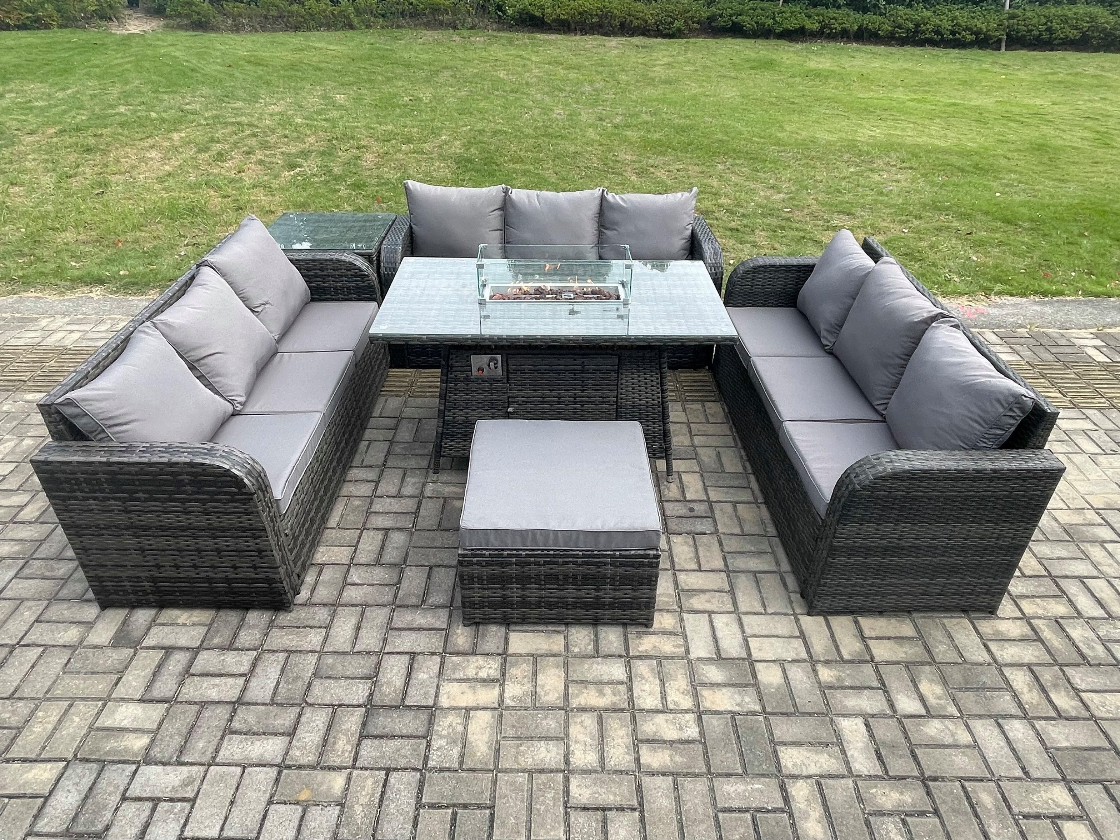 Rattan Furniture Garden Dining Set Gas Fire Pit Table Side Table 3 Seater Sofa Footstool Dark Grey Mixed