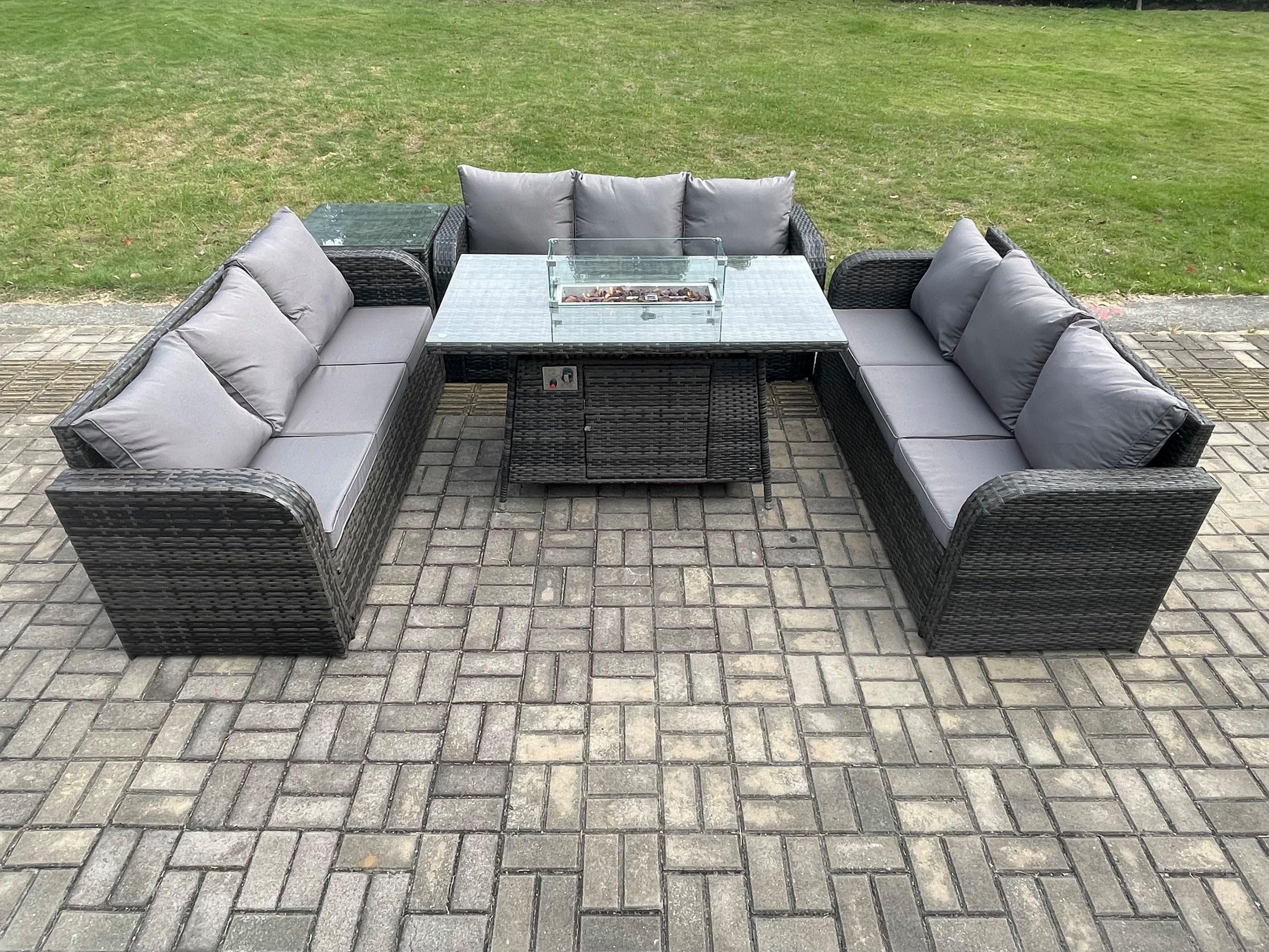 Rattan Furniture Garden Dining Set Gas Fire Pit Table Side Table 3 Seater Sofa Dark Grey Mixed