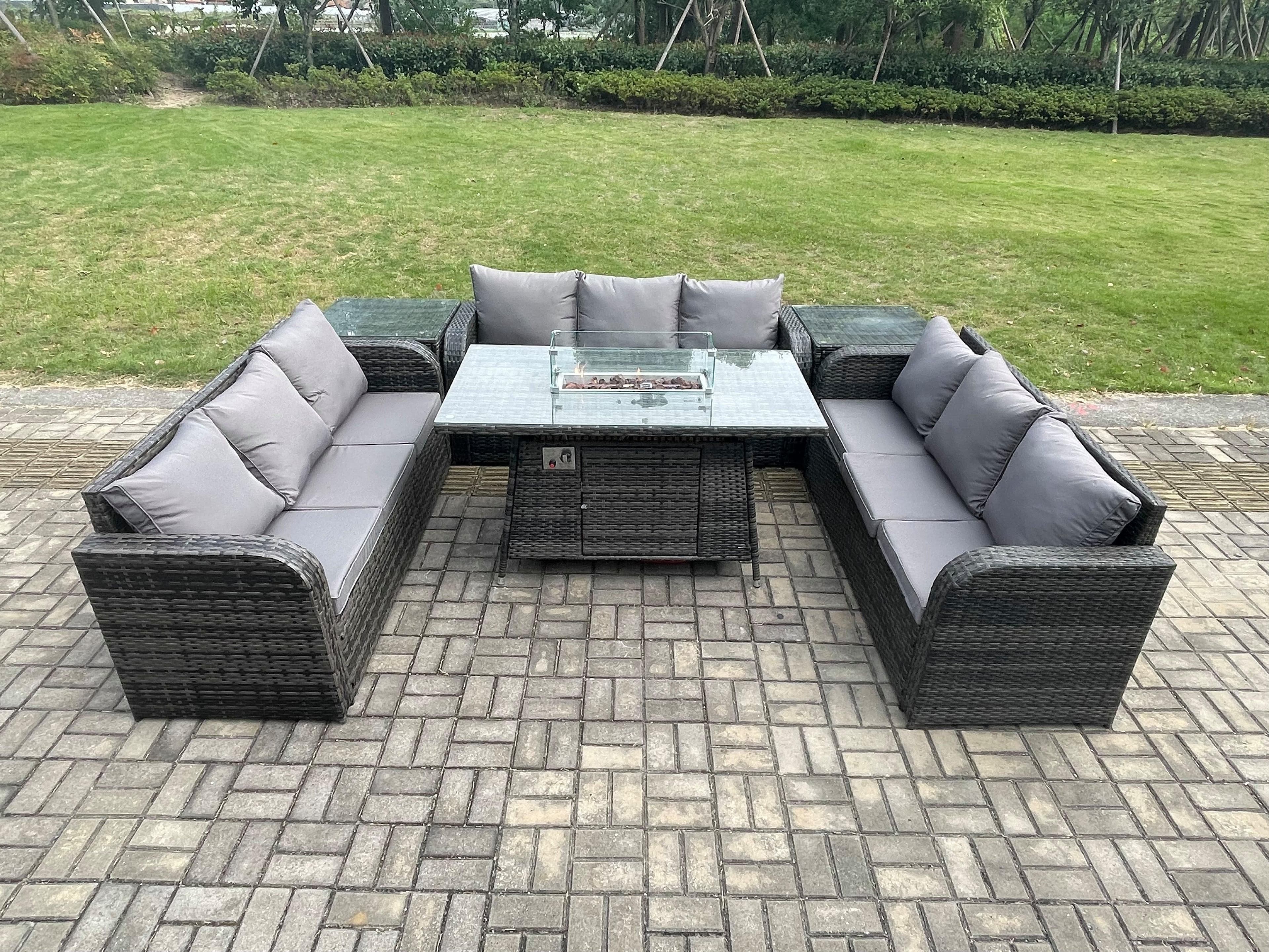Rattan Furniture Garden Dining Set Gas Fire Pit Table 2 Side Tables Lounge Sofa Dark Grey Mixed
