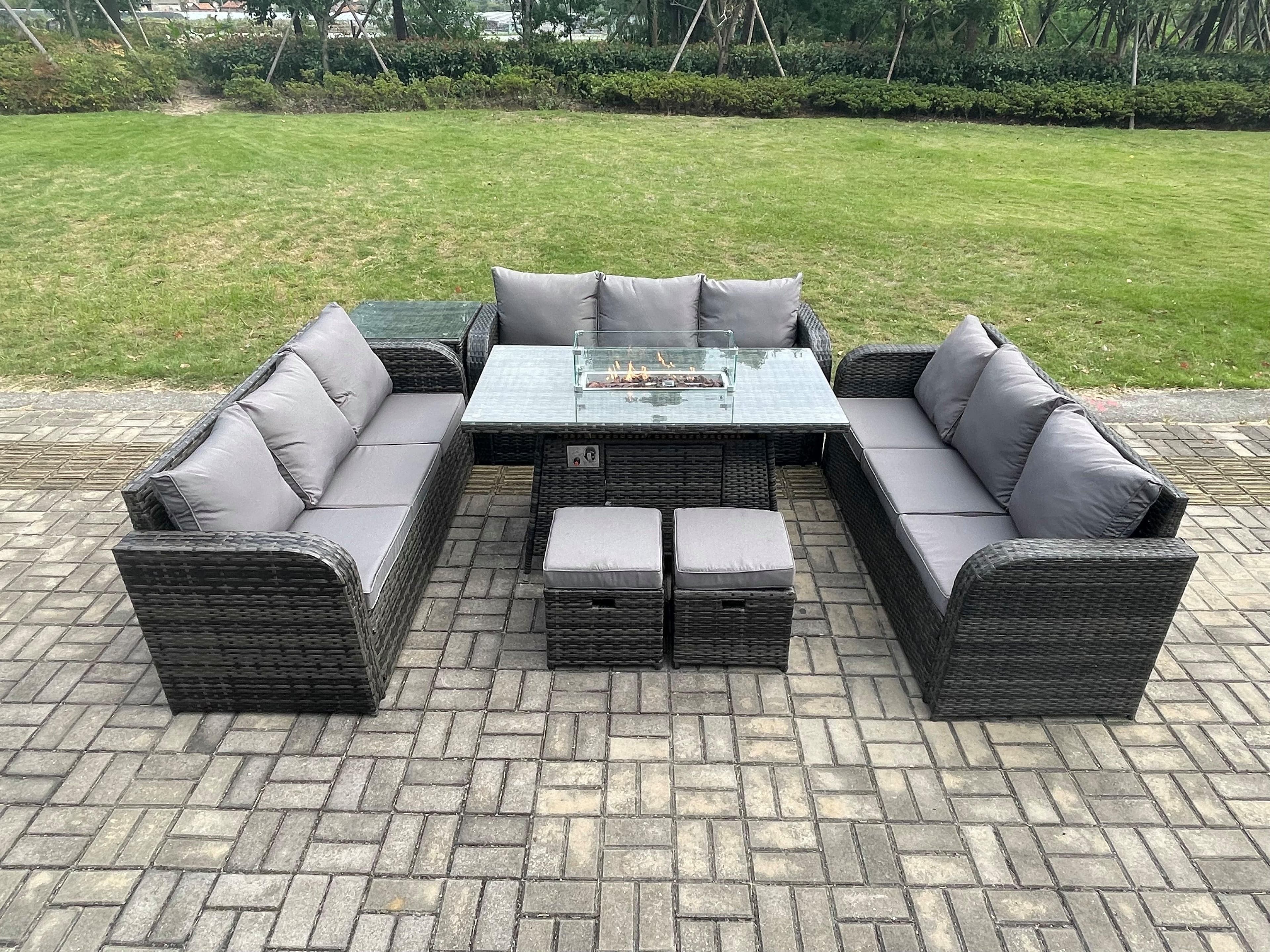 Rattan Furniture Garden Dining Set Gas Fire Pit Table Side Table Lounge Sofa 2 Small Footstools Dark Grey Mixed