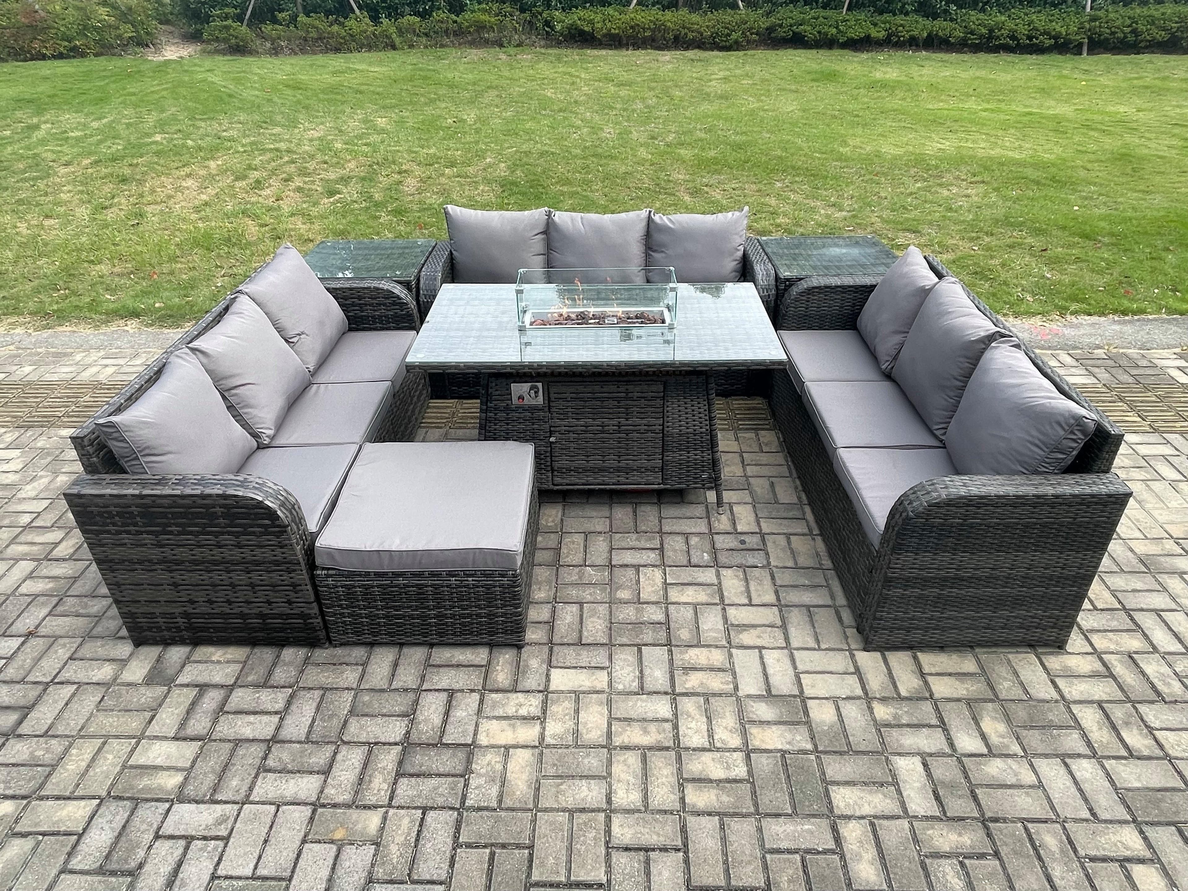Rattan Furniture Garden Dining Set Gas Fire Pit Table 2 Side Tables Lounge Sofa Big Footstool Dark Grey Mixed