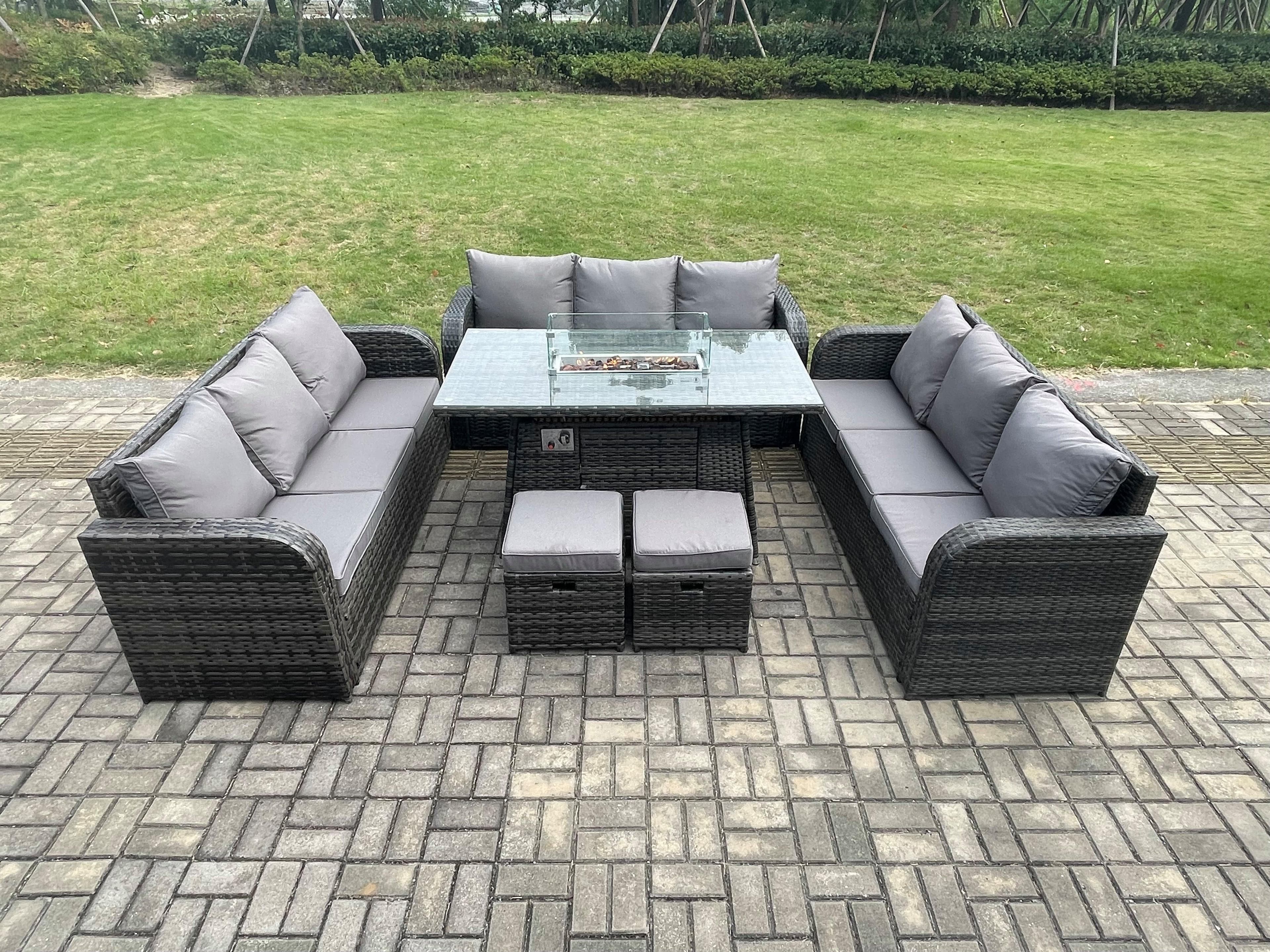 Rattan Furniture Garden Dining Set Gas Fire Pit Table Lounge Sofa 2 Small Footstools Dark Grey Mixed