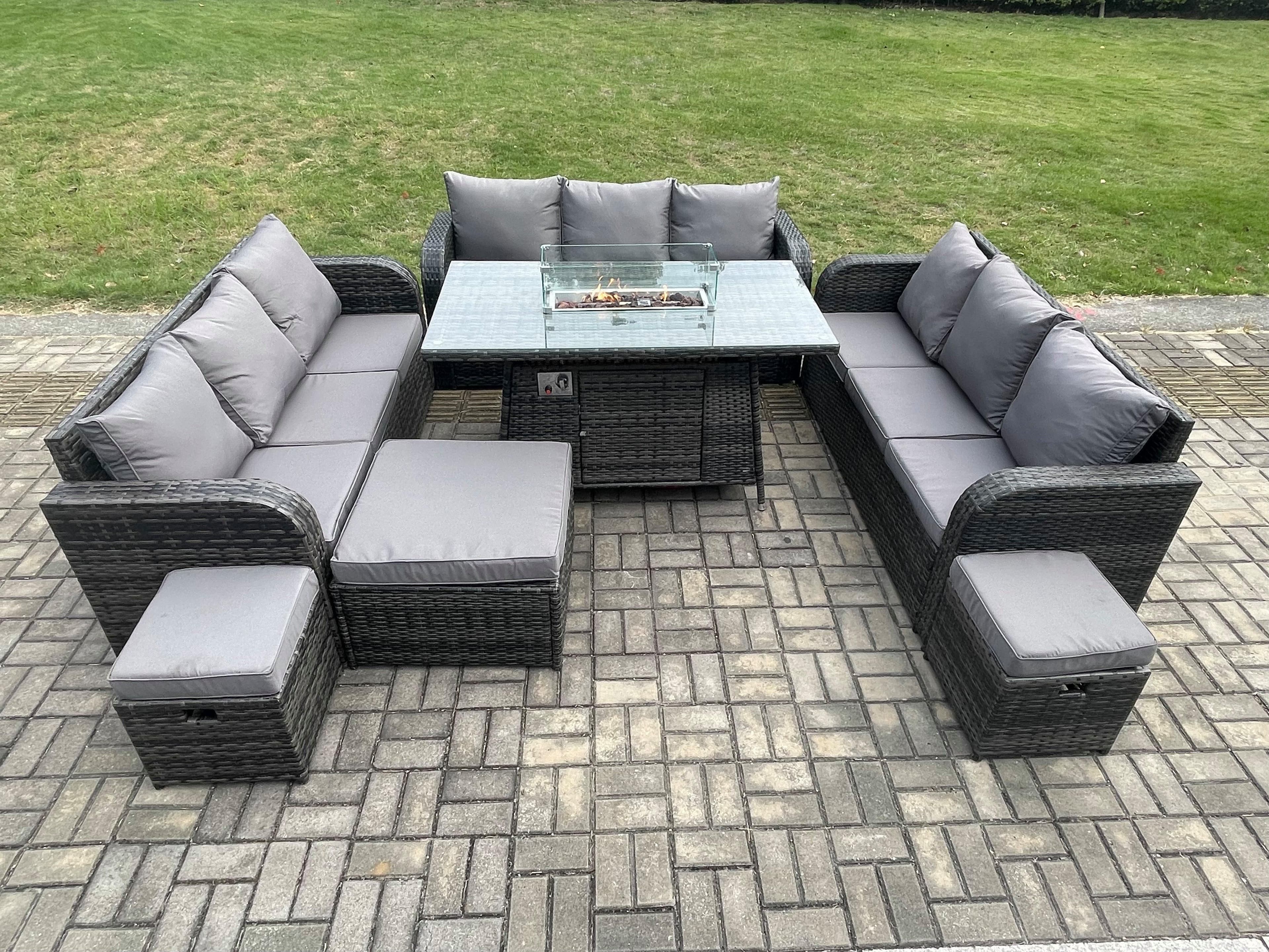 Outdoor Rattan Furniture Garden Dining Set Gas Fire Pit Table Lounge Sofa 3 Footstool
