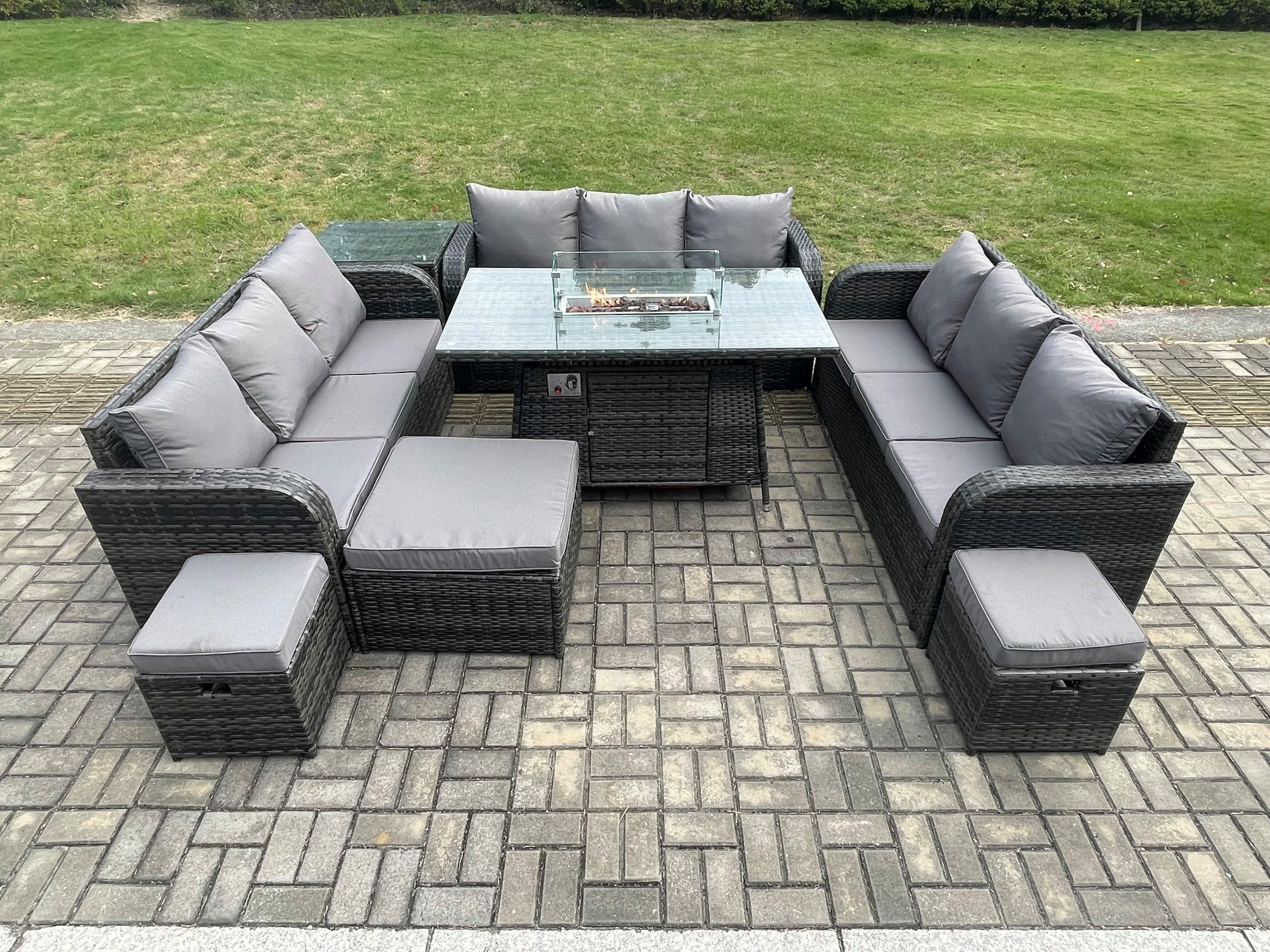 Outdoor Rattan Furniture Garden Dining Set Gas Fire Pit Table Side Table Lounge Sofa 3 Footstool