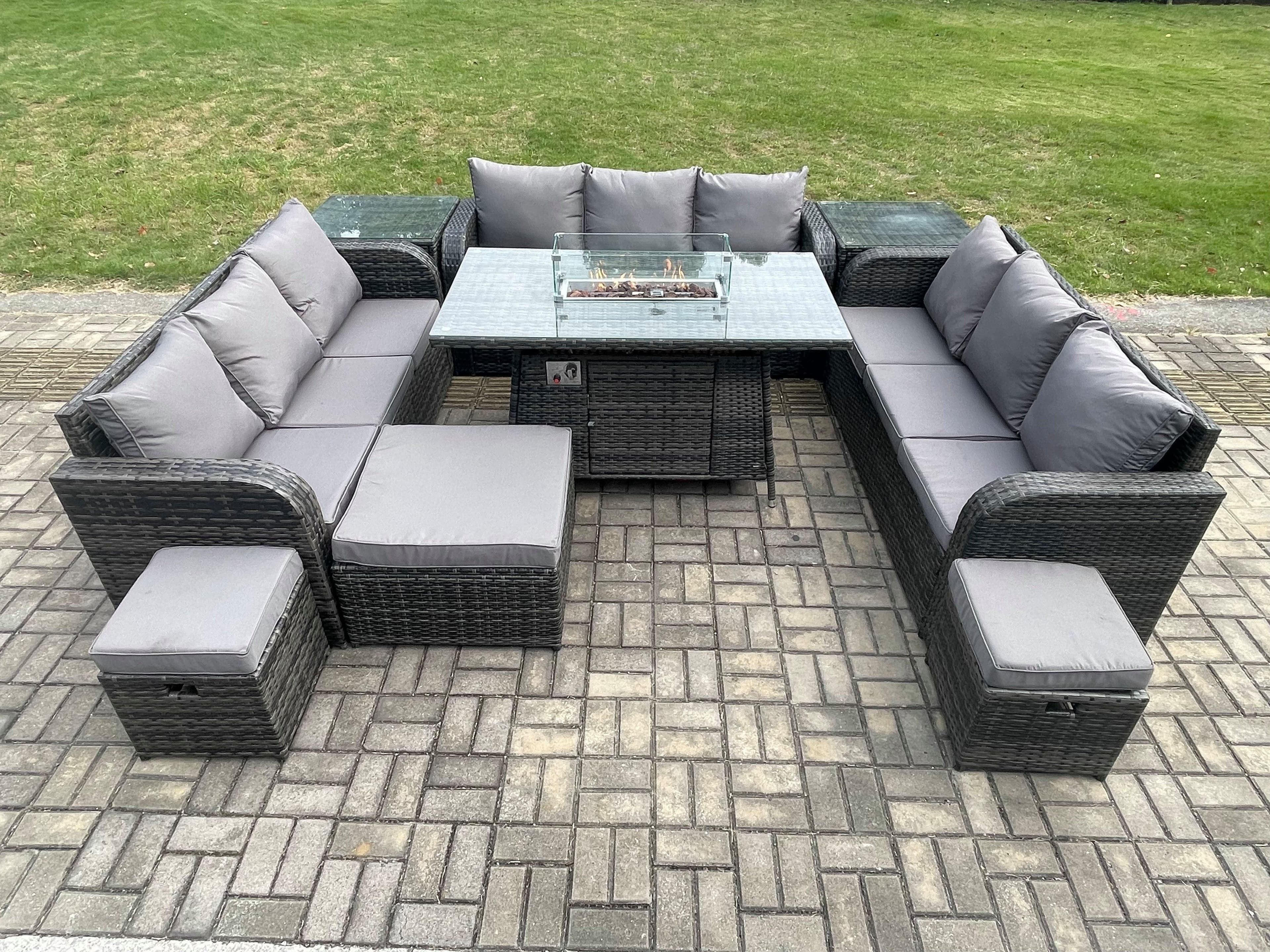 Outdoor Rattan Furniture Garden Dining Set Gas Fire Pit Table 2 Side Tables Lounge Sofa 3 Footstool