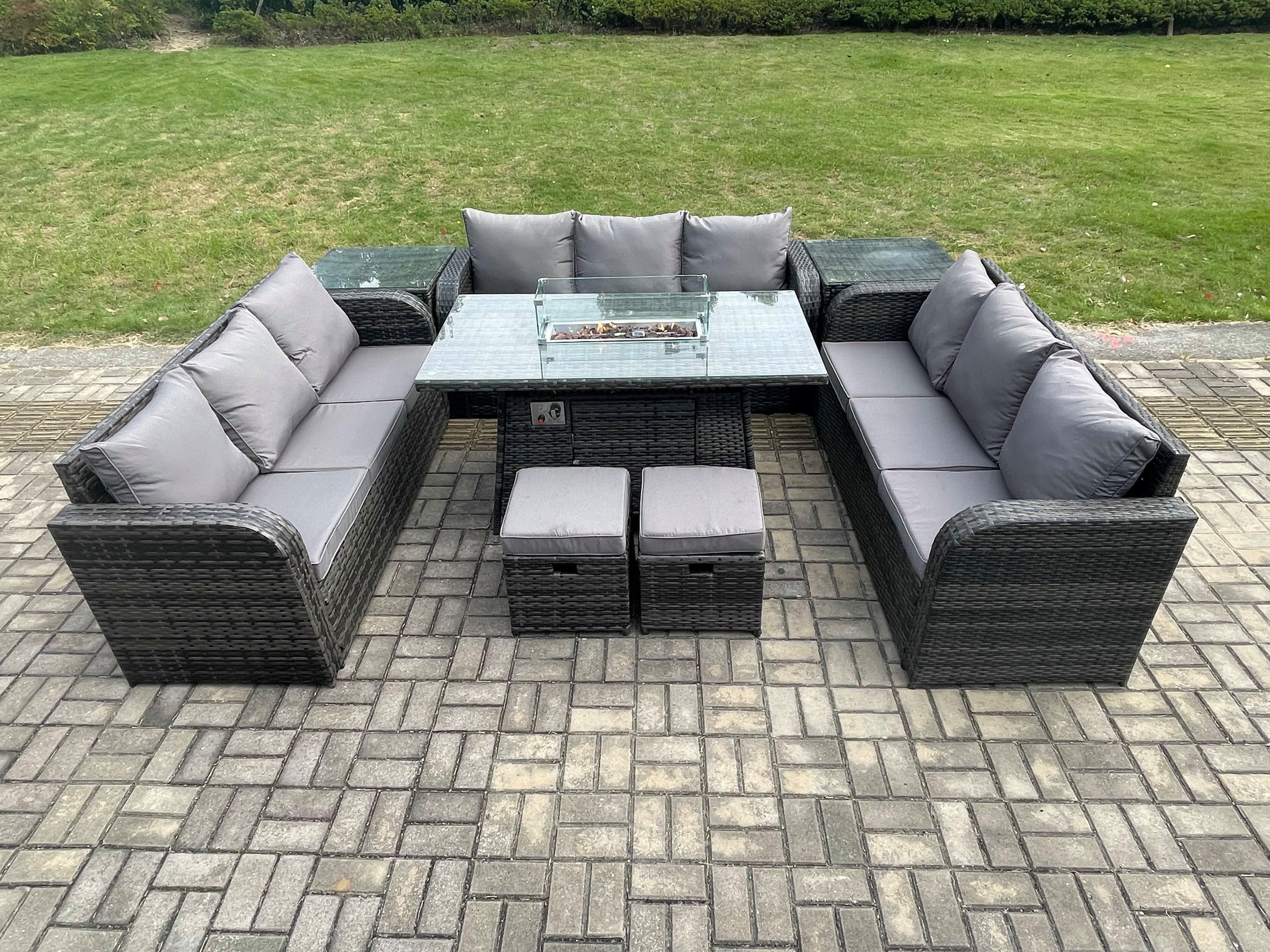 Outdoor Rattan Furniture Garden Dining Set Gas Fire Pit Table 2 Side Tables Lounge Sofa 2 Small Footstool