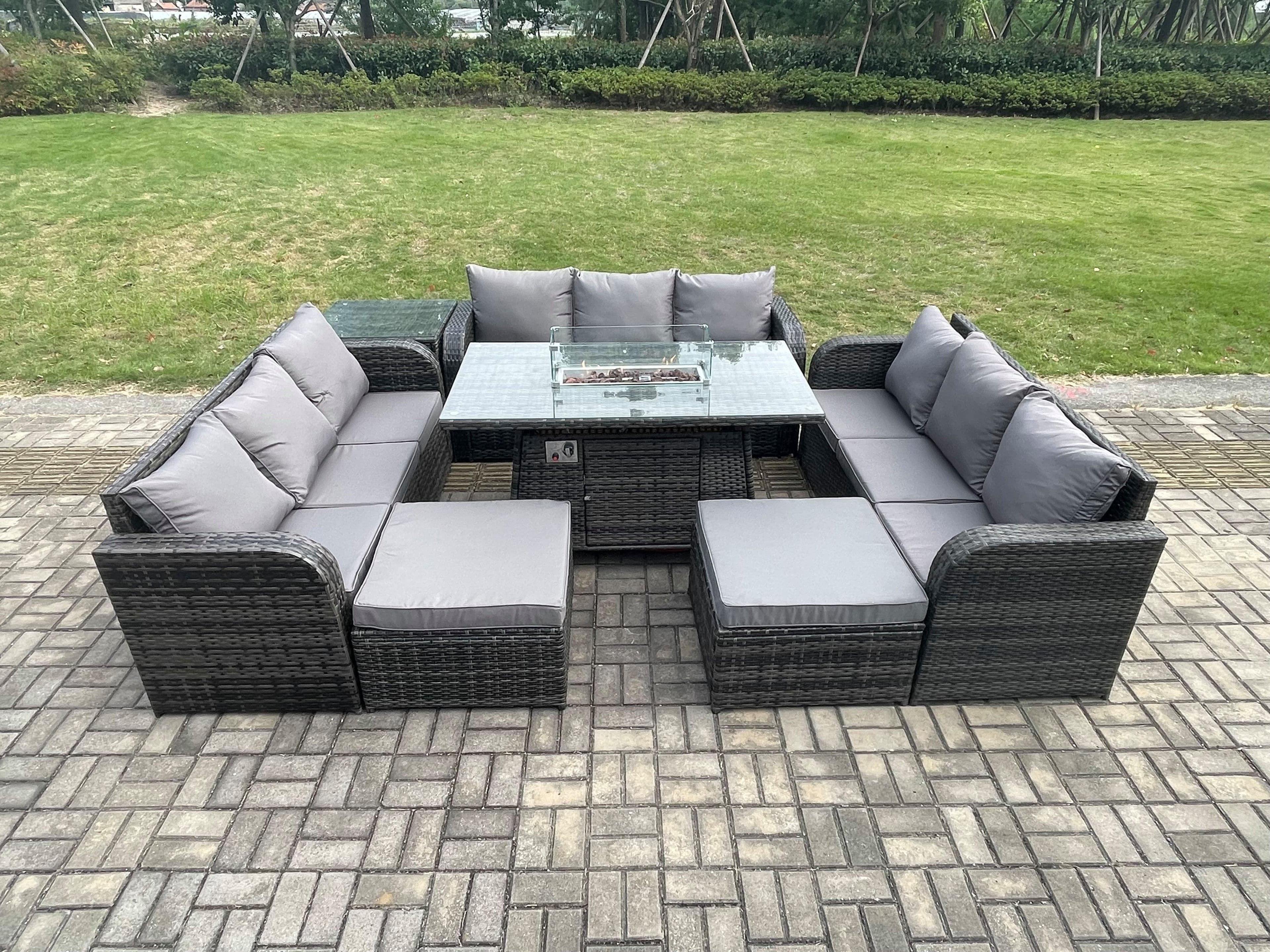 Outdoor Rattan Furniture Garden Dining Set Gas Fire Pit Table Side Table Lounge Sofa 2 Big Footstool