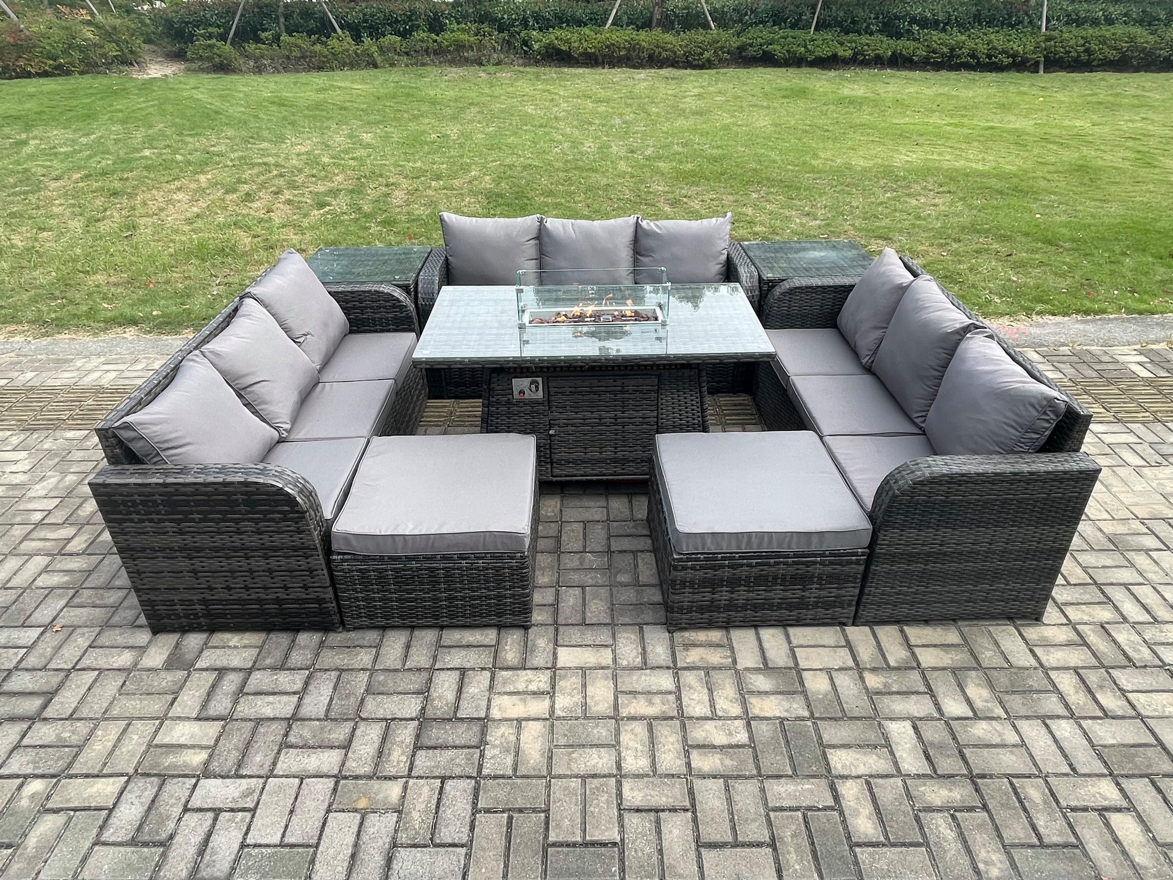 Outdoor Rattan Furniture Garden Dining Set Gas Fire Pit Table 2 Side Tables Lounge Sofa 2 Big Footstool