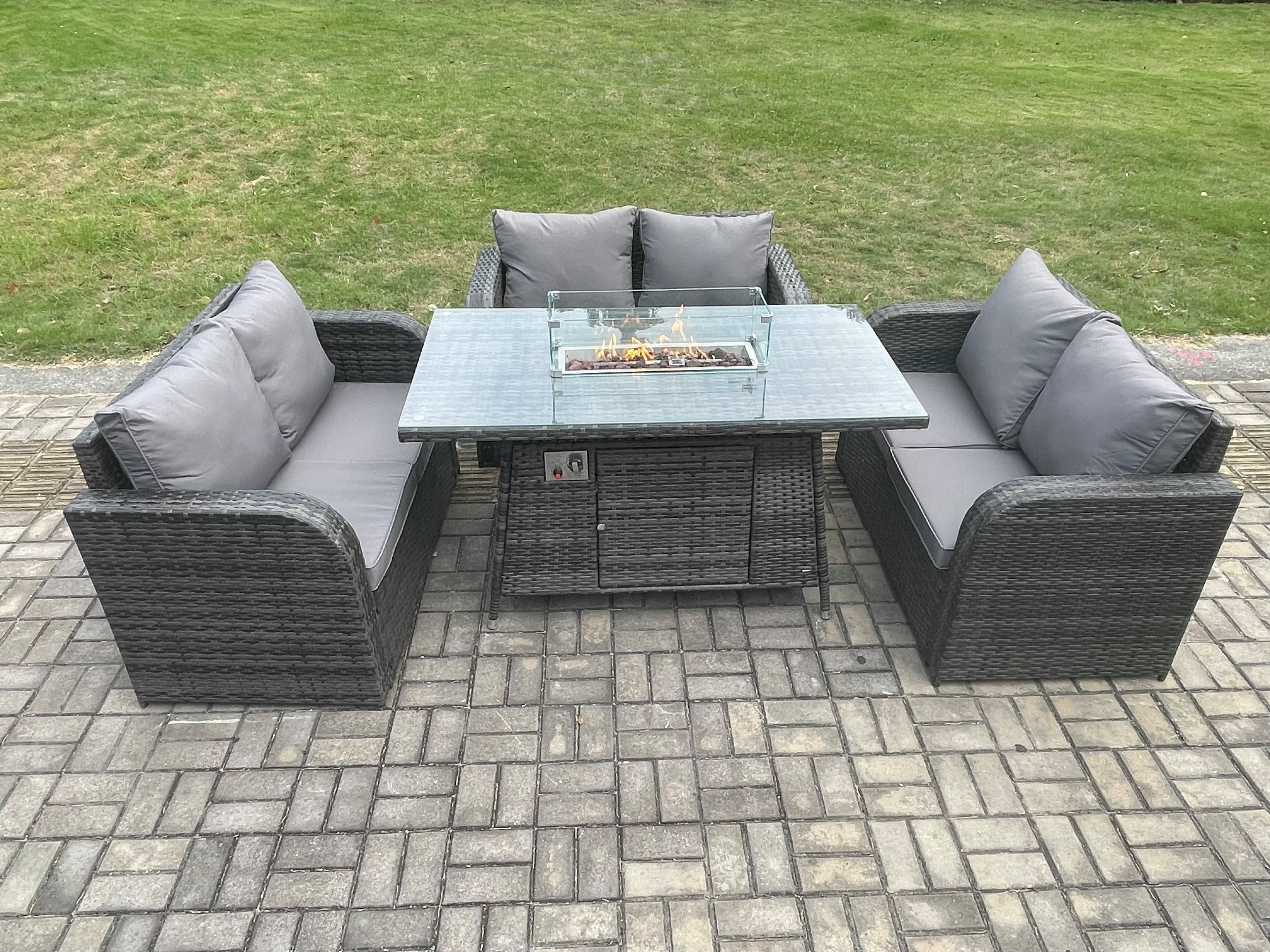 Rattan Outdoor Garden Furniture Sofa Set Gas Fire Pit Dining Table Gas Heater Love Sofa Dark Grey Mixed