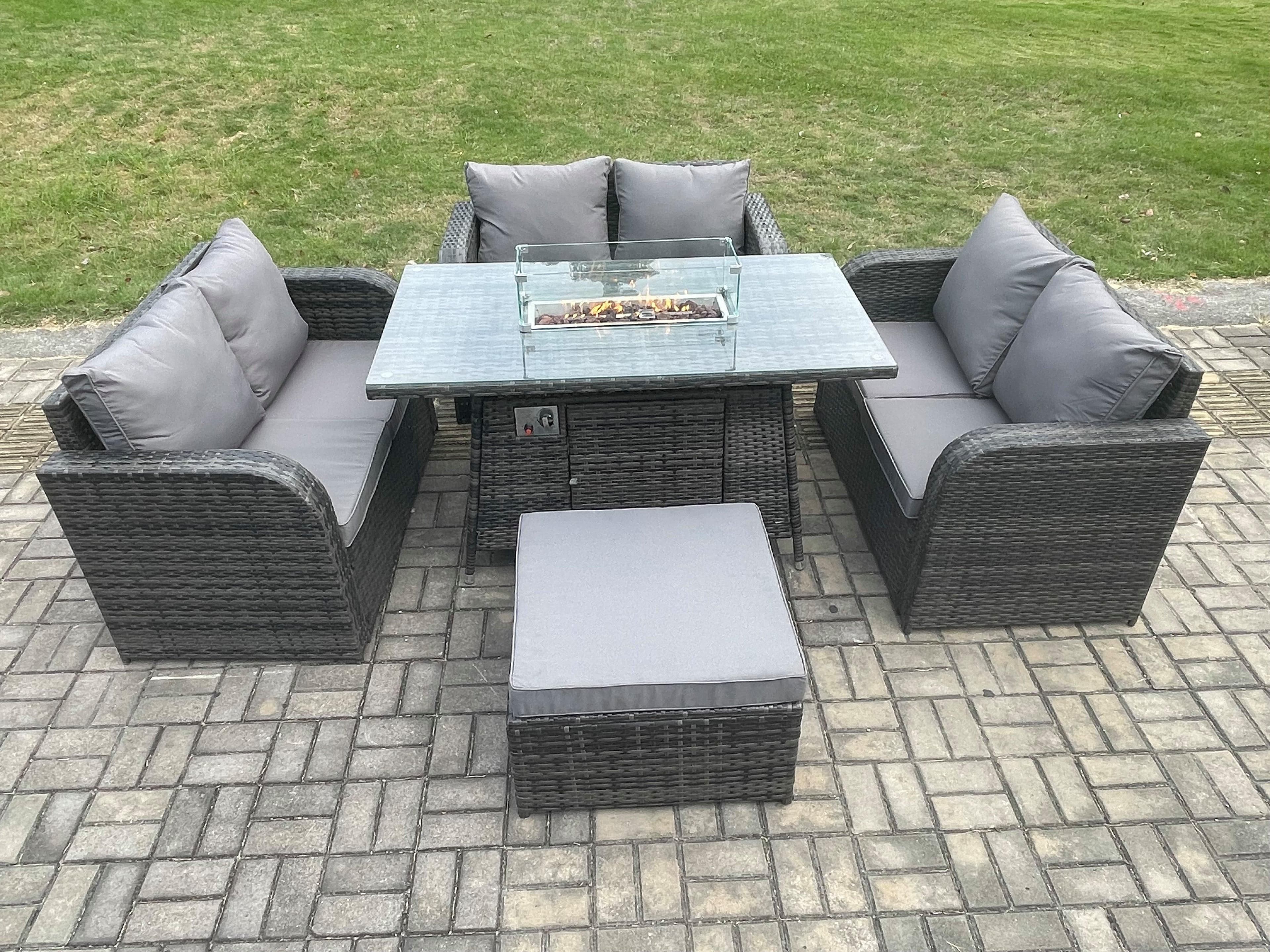Rattan Outdoor Garden Furniture Sofa Set Gas Fire Pit Dining Table Gas Heater Love Sofa Big Footstool Dark Grey Mixed