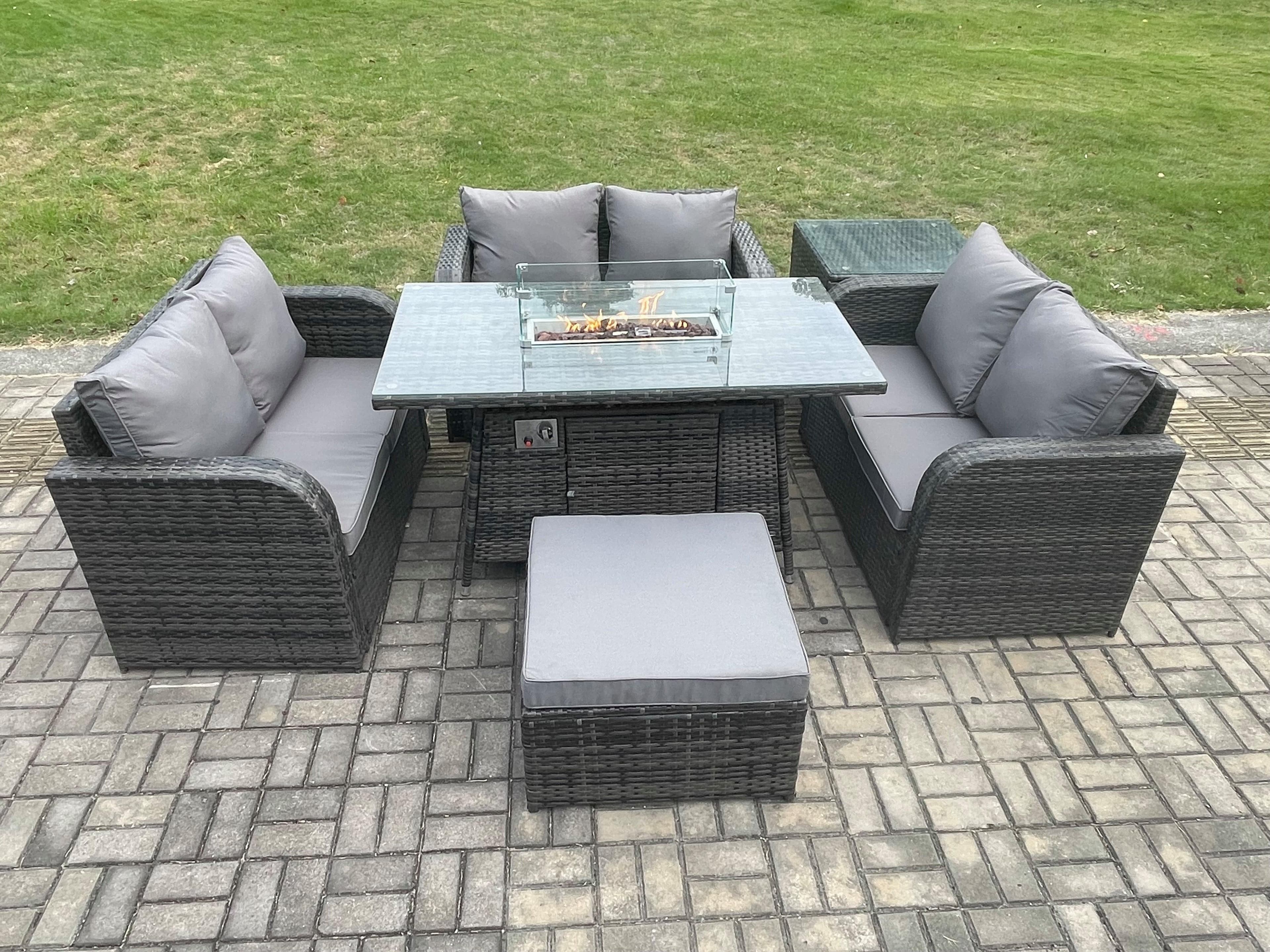 Rattan Outdoor Garden Furniture Sofa Set Gas Fire Pit Dining Table Gas Heater Side Table Love Sofa Big Footstool