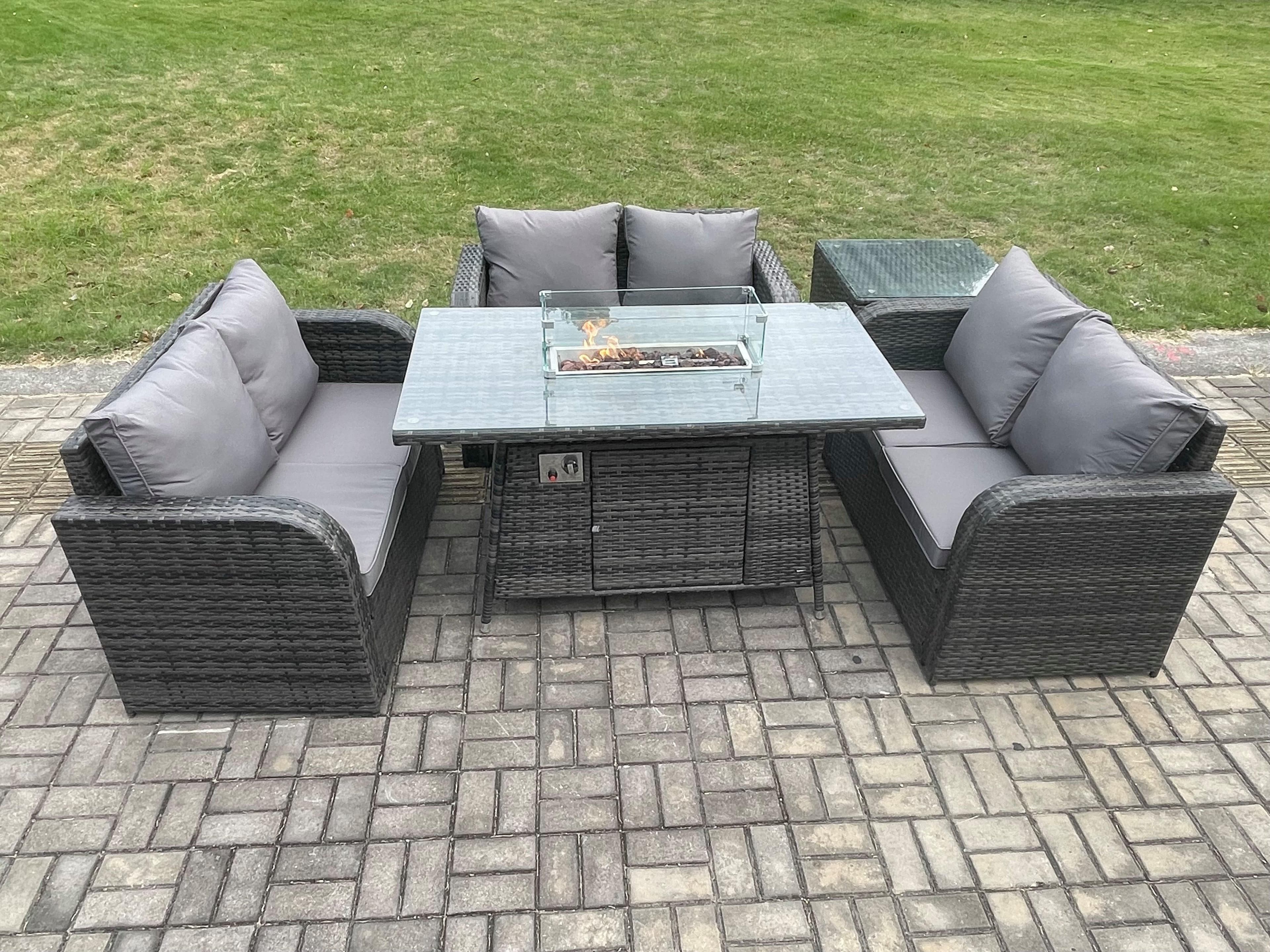 Rattan Outdoor Garden Furniture Sofa Set Gas Fire Pit Dining Table Gas Heater Side Table Love Sofa Dark Grey Mixed