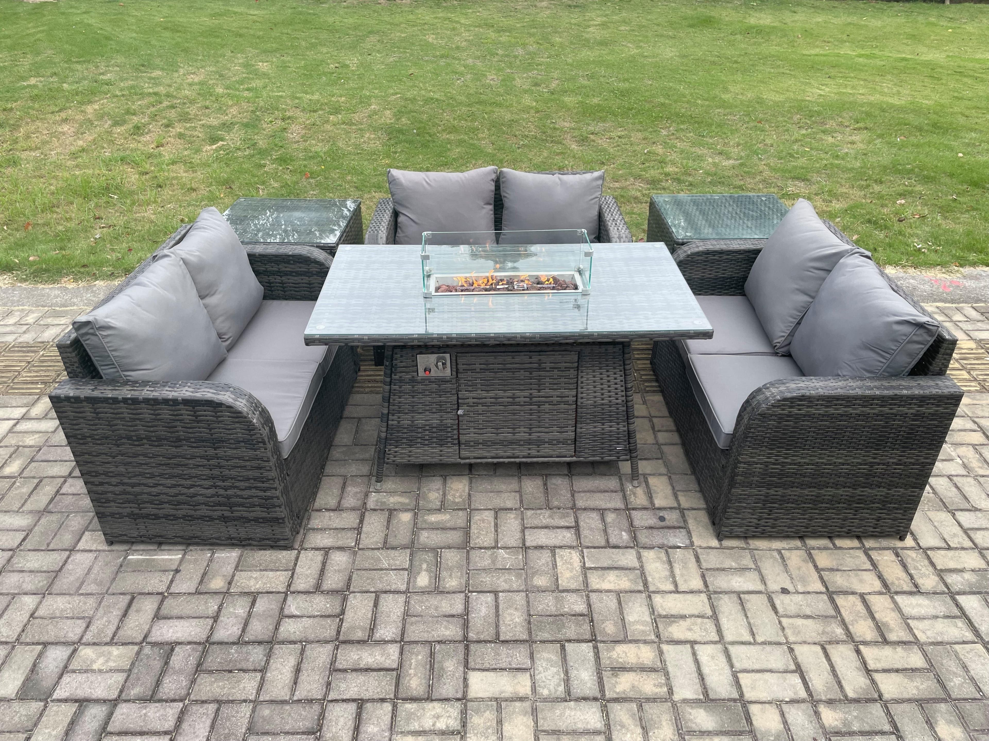 Rattan Outdoor Garden Furniture Sofa Set Gas Fire Pit Dining Table Gas Heater 2 Side Tables Love Sofa Dark Grey Mixed