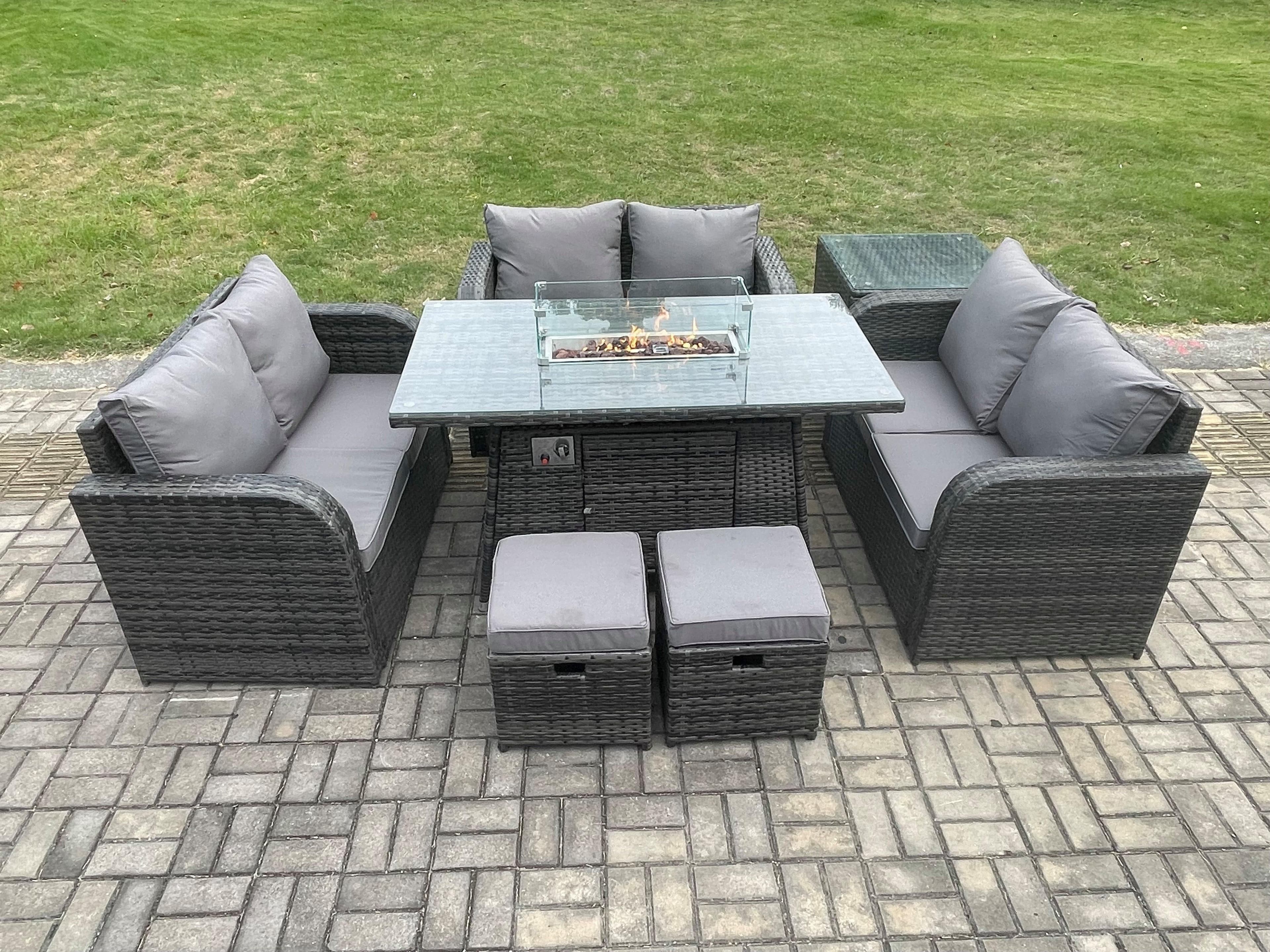 Rattan Outdoor Garden Furniture Sofa Set Gas Fire Pit Dining Table Gas Heater Side Tables Love Sofa 2 Small Footstools