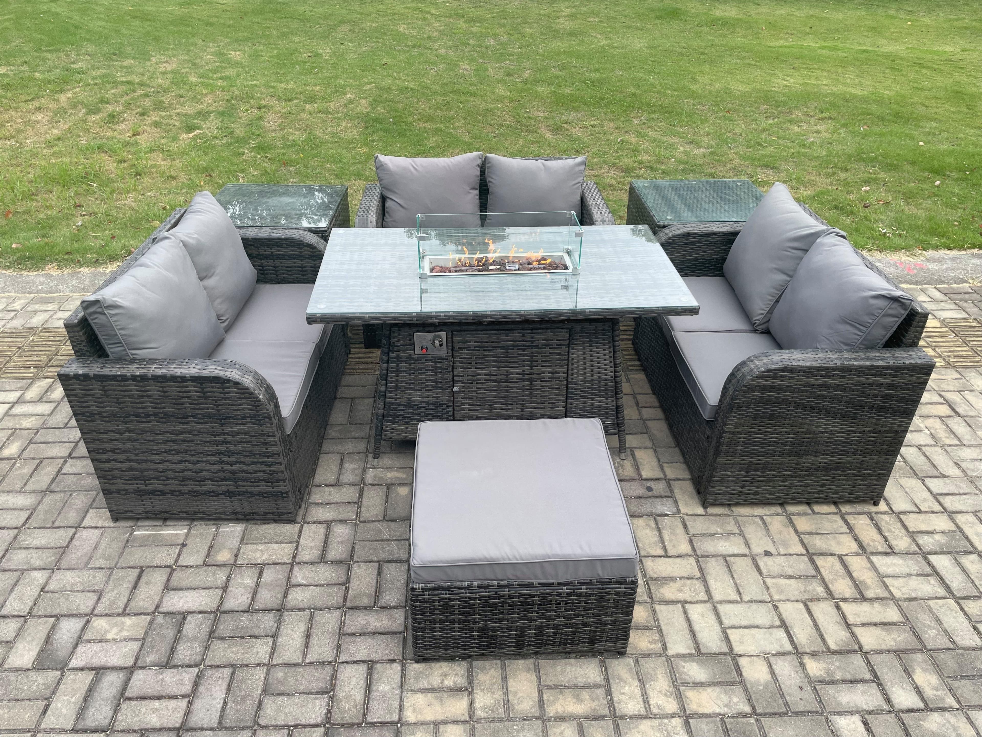 Rattan Outdoor Garden Furniture Sofa Set Gas Fire Pit Dining Table Gas Heater 2 Side Tables Love Sofa Big Footstool