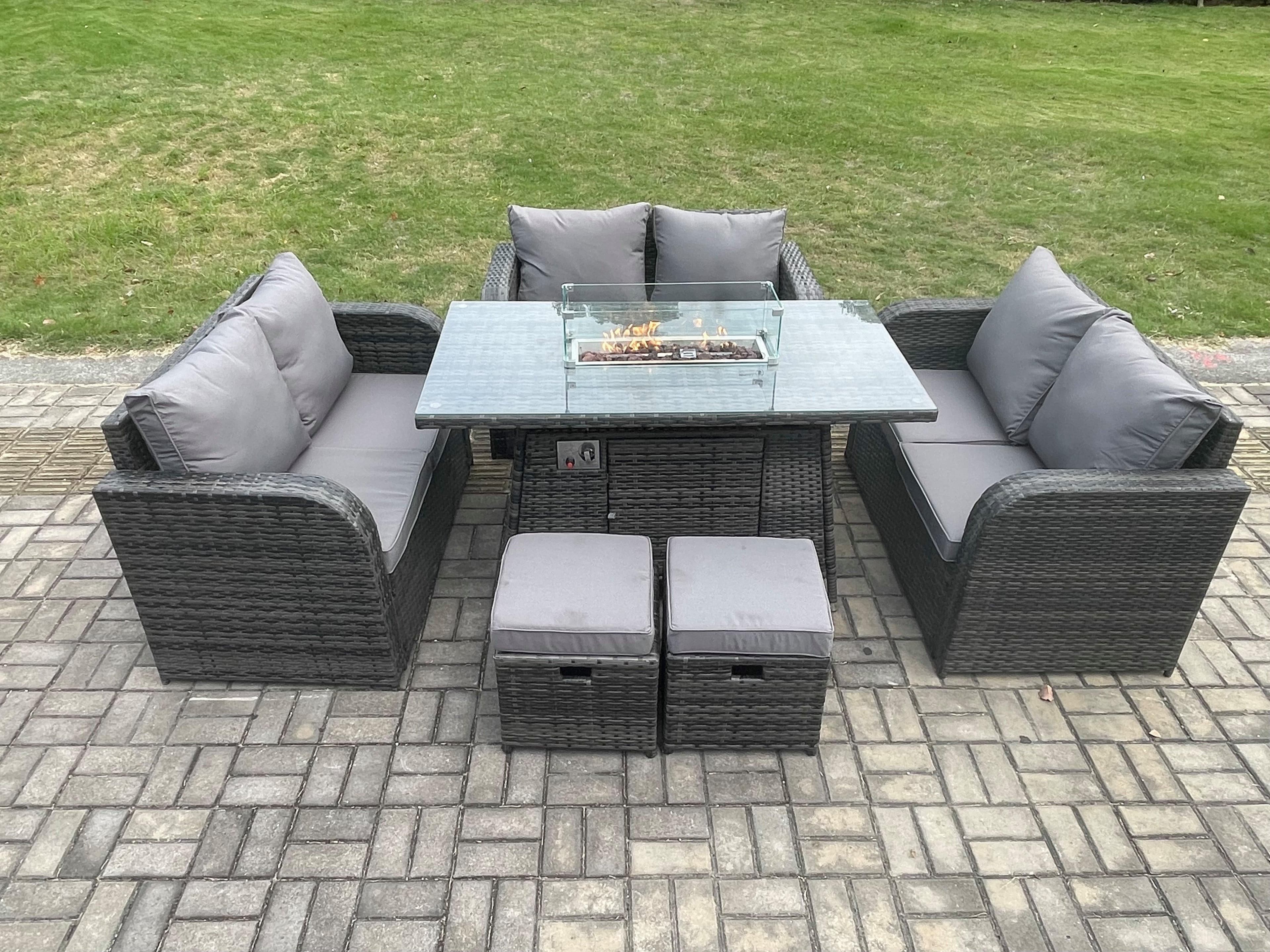 8 Seater Outdoor Rattan Furniture Garden Dining Set Gas Fire Pit Table 2 Small Footstools Love Sofa Dark Grey Mixed