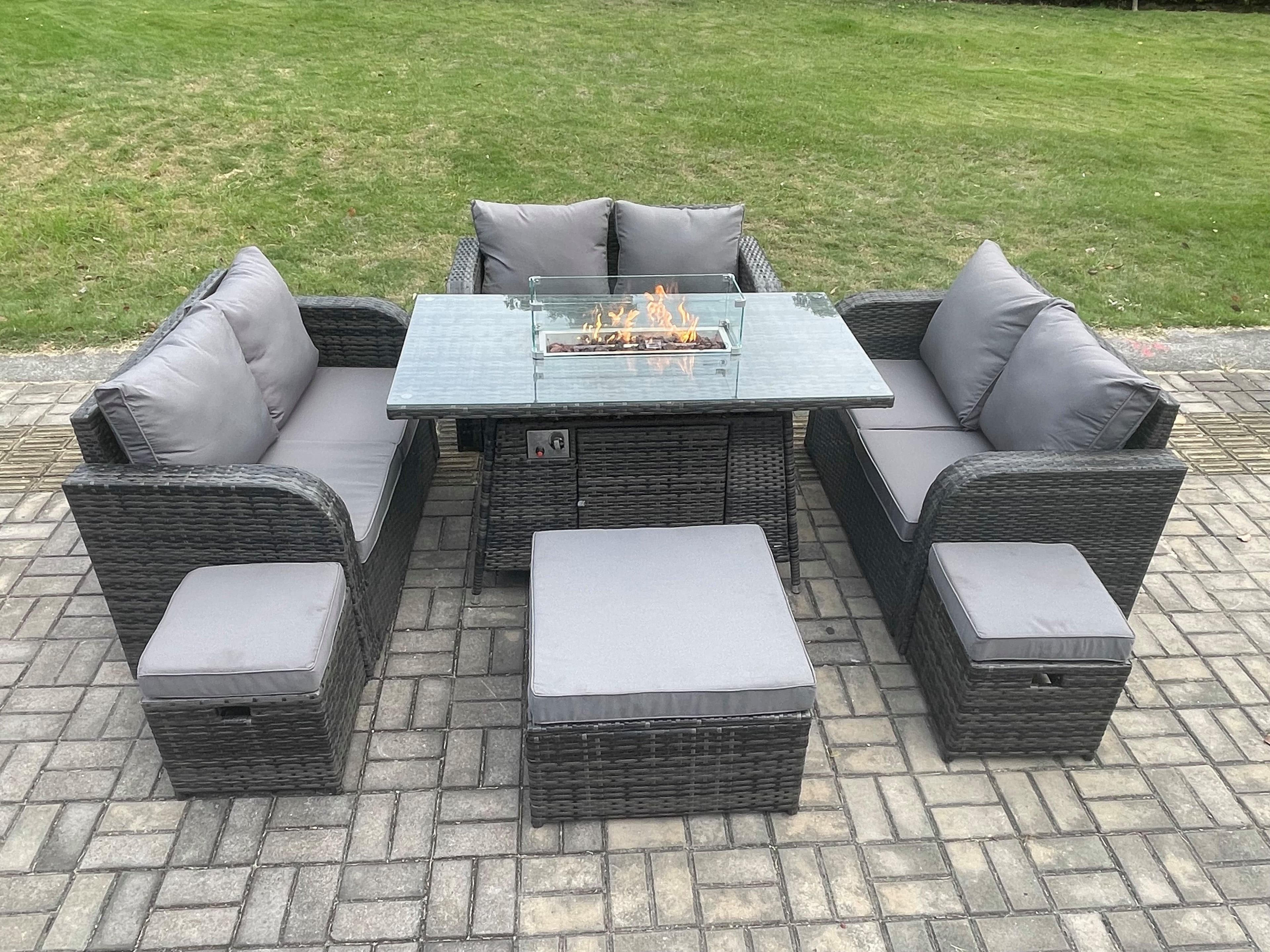 9 Seater Outdoor Rattan Furniture Garden Dining Set Gas Fire Pit Table Love Sofa 3 Footstools Dark Grey Mixed