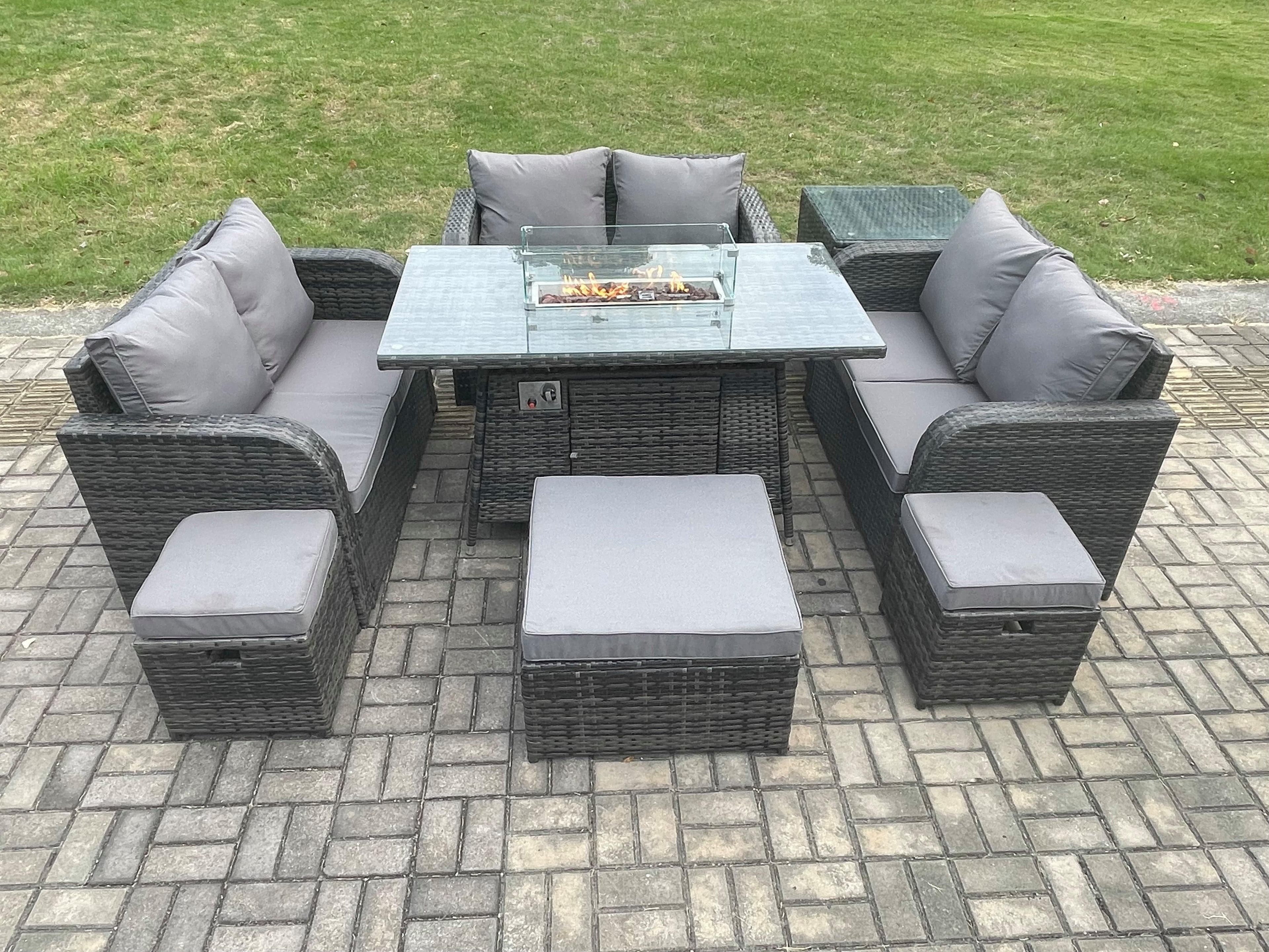 9 Seater Outdoor Rattan Furniture Garden Dining Set Gas Fire Pit Table Side Table Love Sofa 3 Footstools Dark Grey Mixed