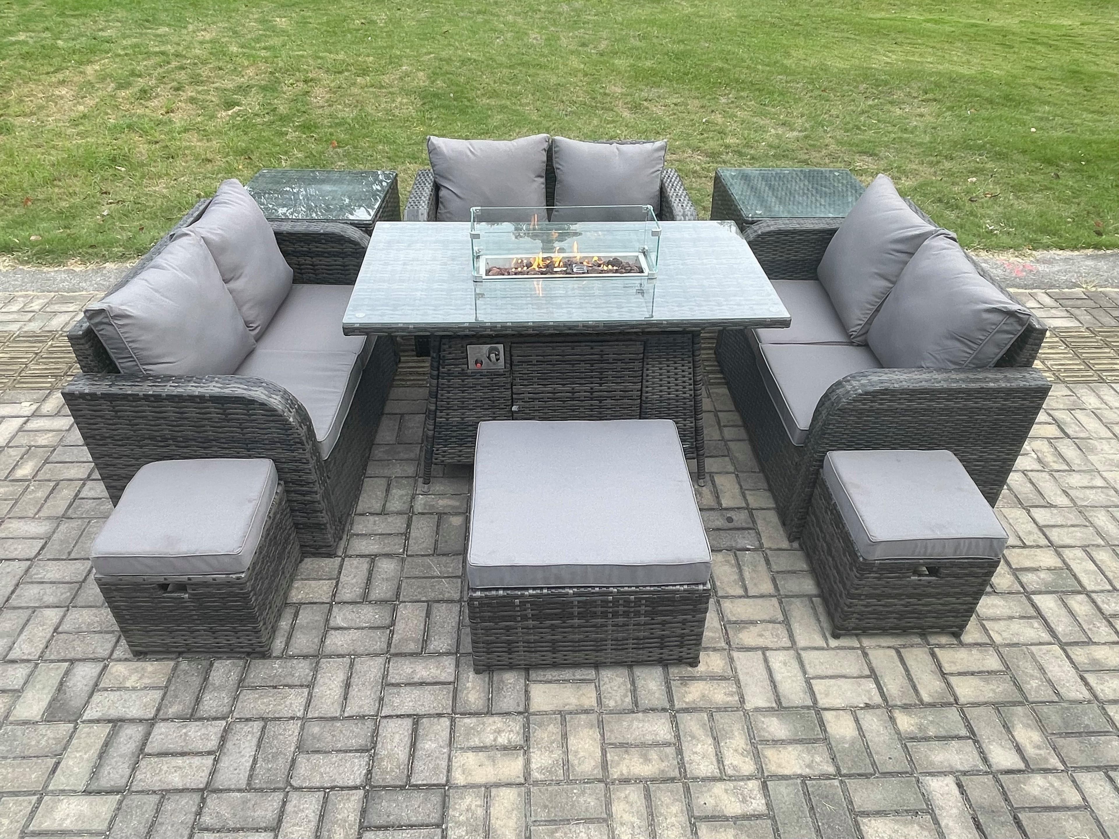 Outdoor Rattan Furniture Garden Dining Set Gas Fire Pit Table 2 Side Tables Love Sofa 3 Footstools Dark Grey Mixed