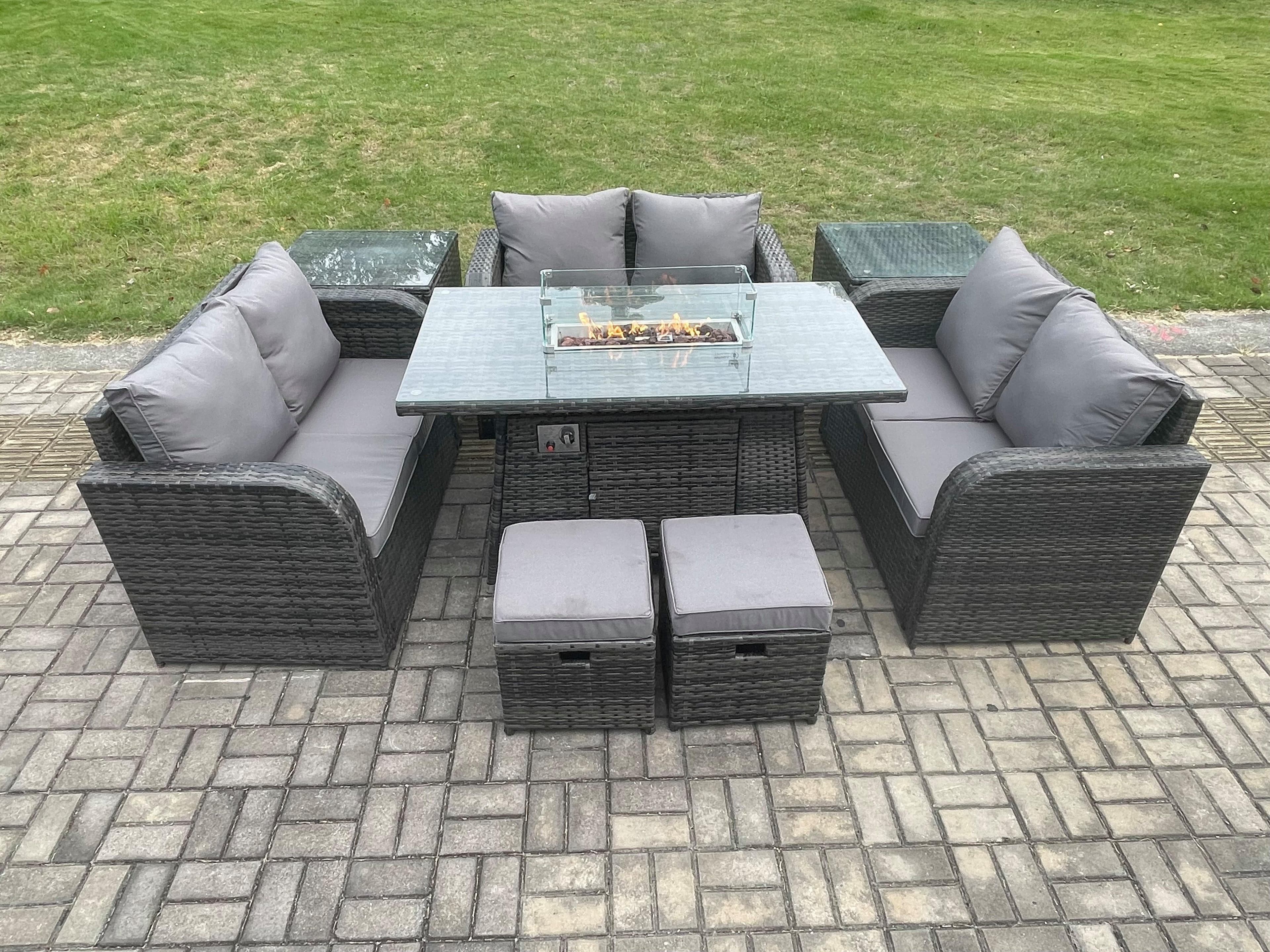 8 Seater Outdoor Rattan Furniture Garden Dining Set Gas Fire Pit Table Side Table Love Sofa 2 Small Footstools
