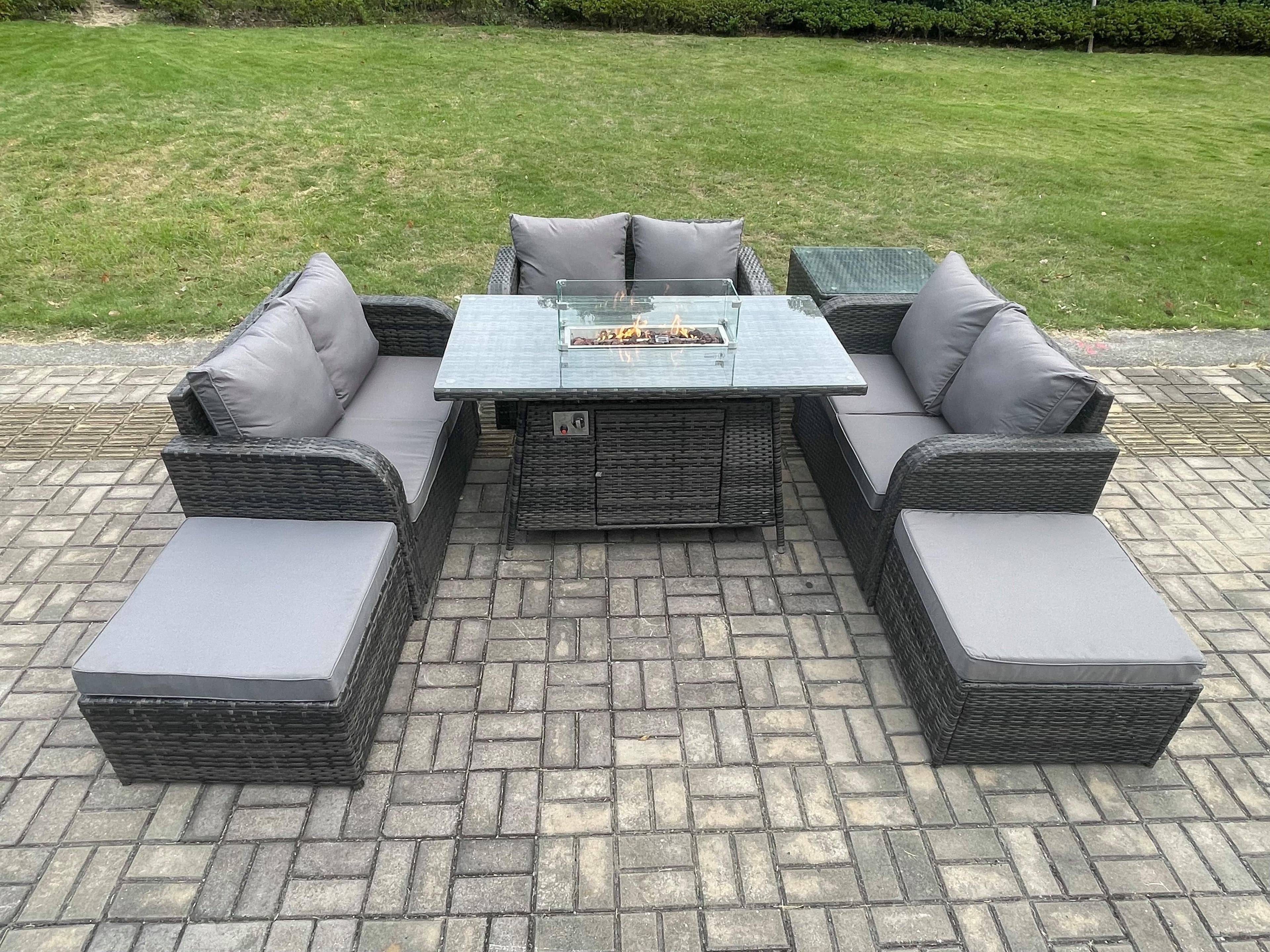 Rattan Outdoor Garden Furniture Sofa Set Gas Fire Pit Dining Table Gas Heater Side Table Love Sofa 2 Big Footstool