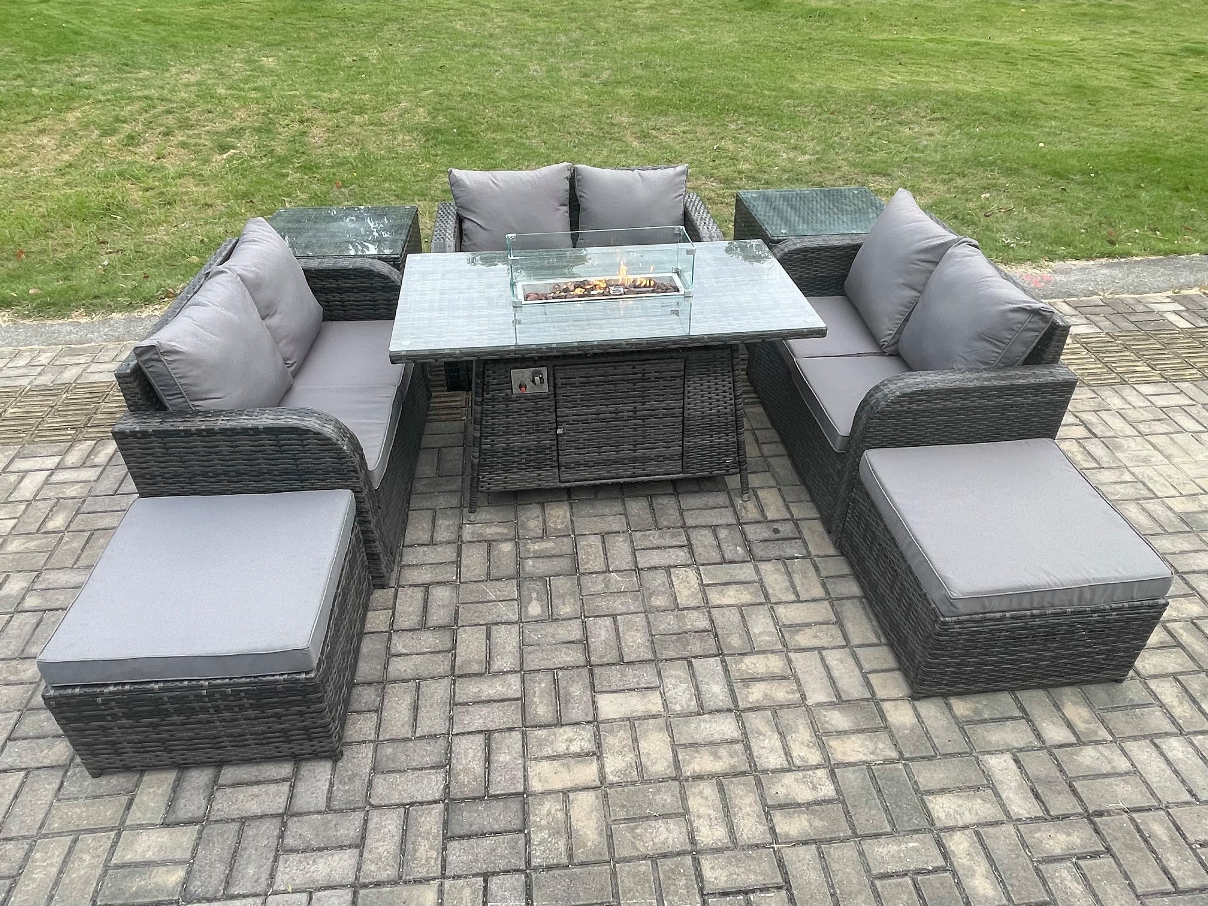 Rattan Outdoor Garden Furniture Sofa Set Gas Fire Pit Dining Table Gas Heater 2 Side Tables Love Sofa 2 Big Footstool
