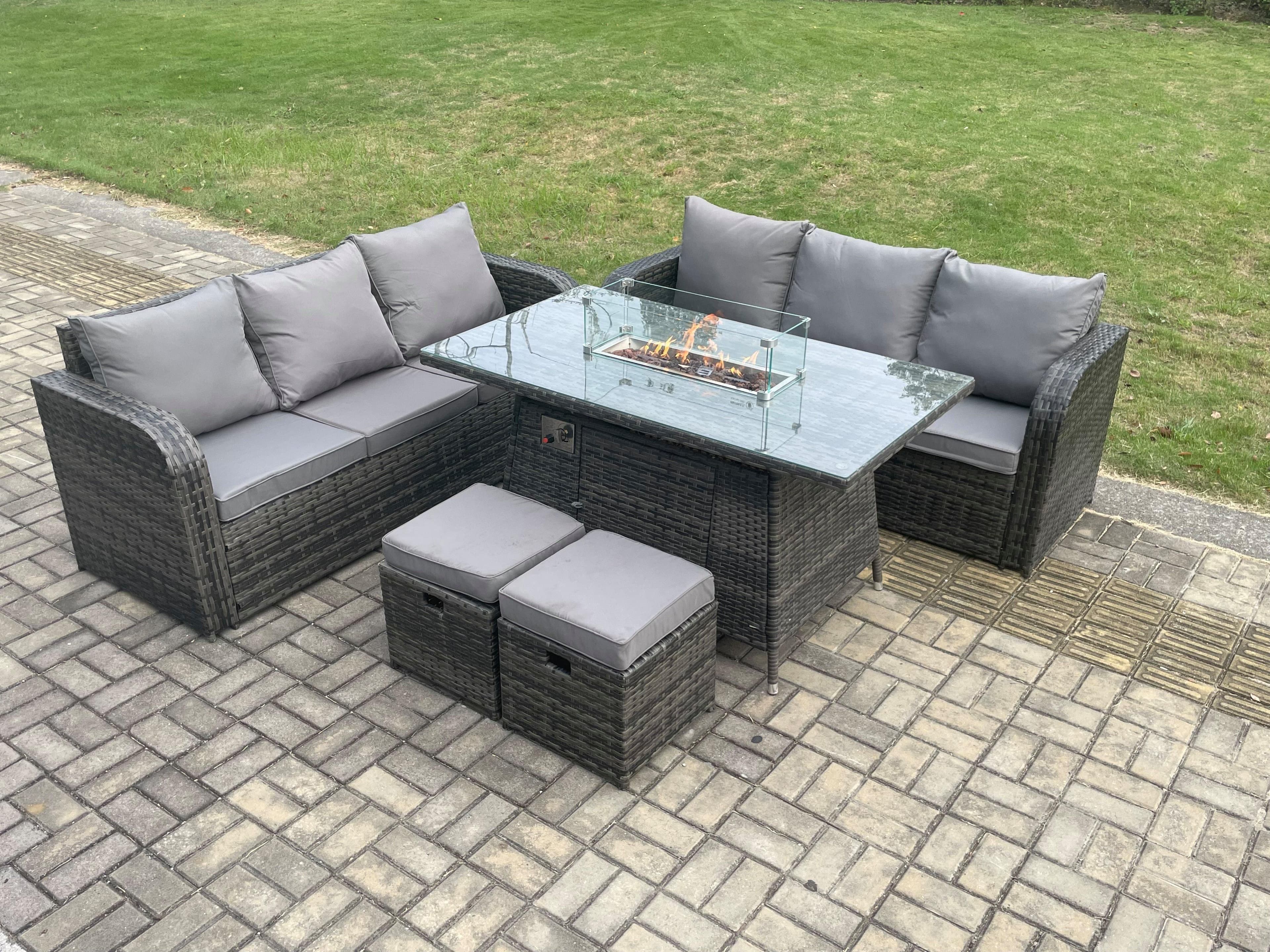 Rattan Garden Furniture Set Fire Pit Table 8 Seater Outdoor Lounge Sofa Set Dark Grey Mixed