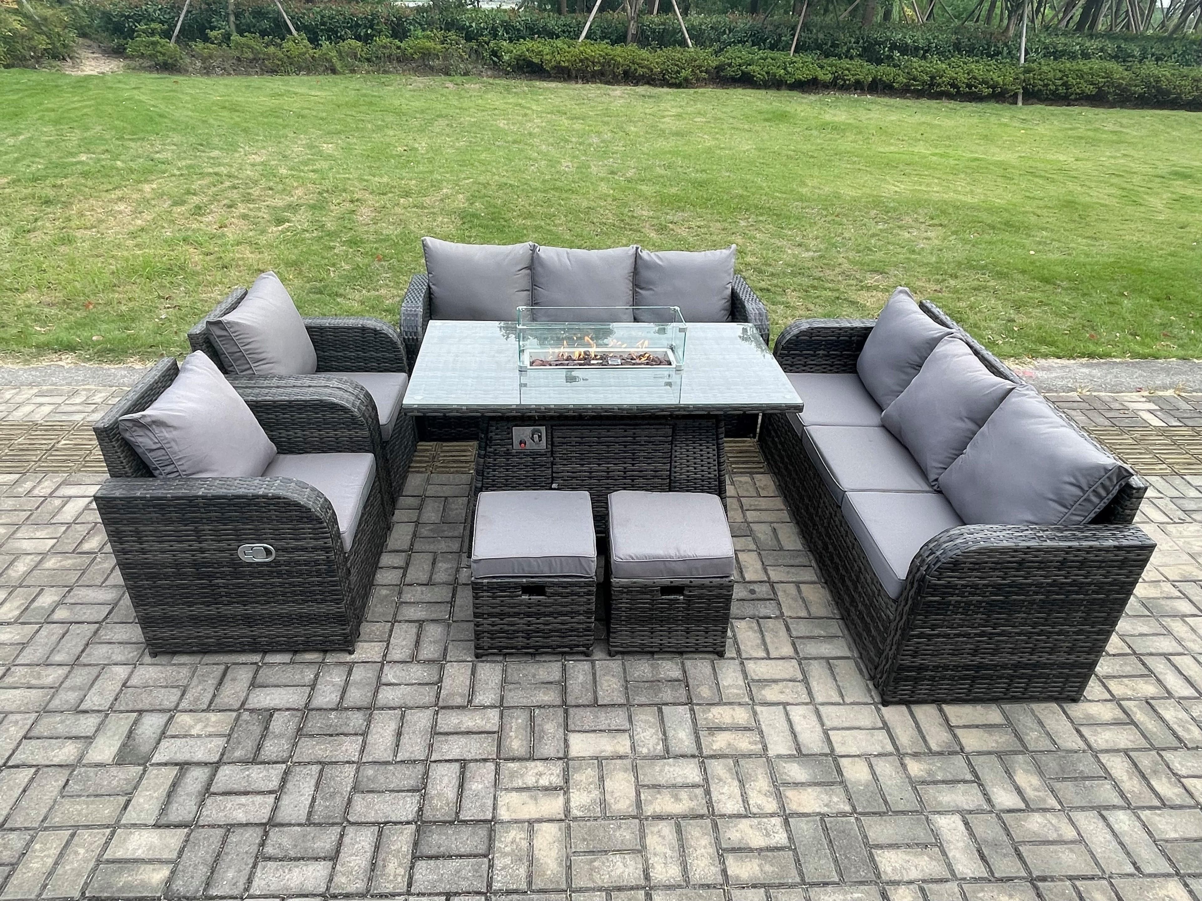 Garden Patio Furniture Wicker Rattan Gas Fire Pit Table Sofa Chair set 2 Small Footstools