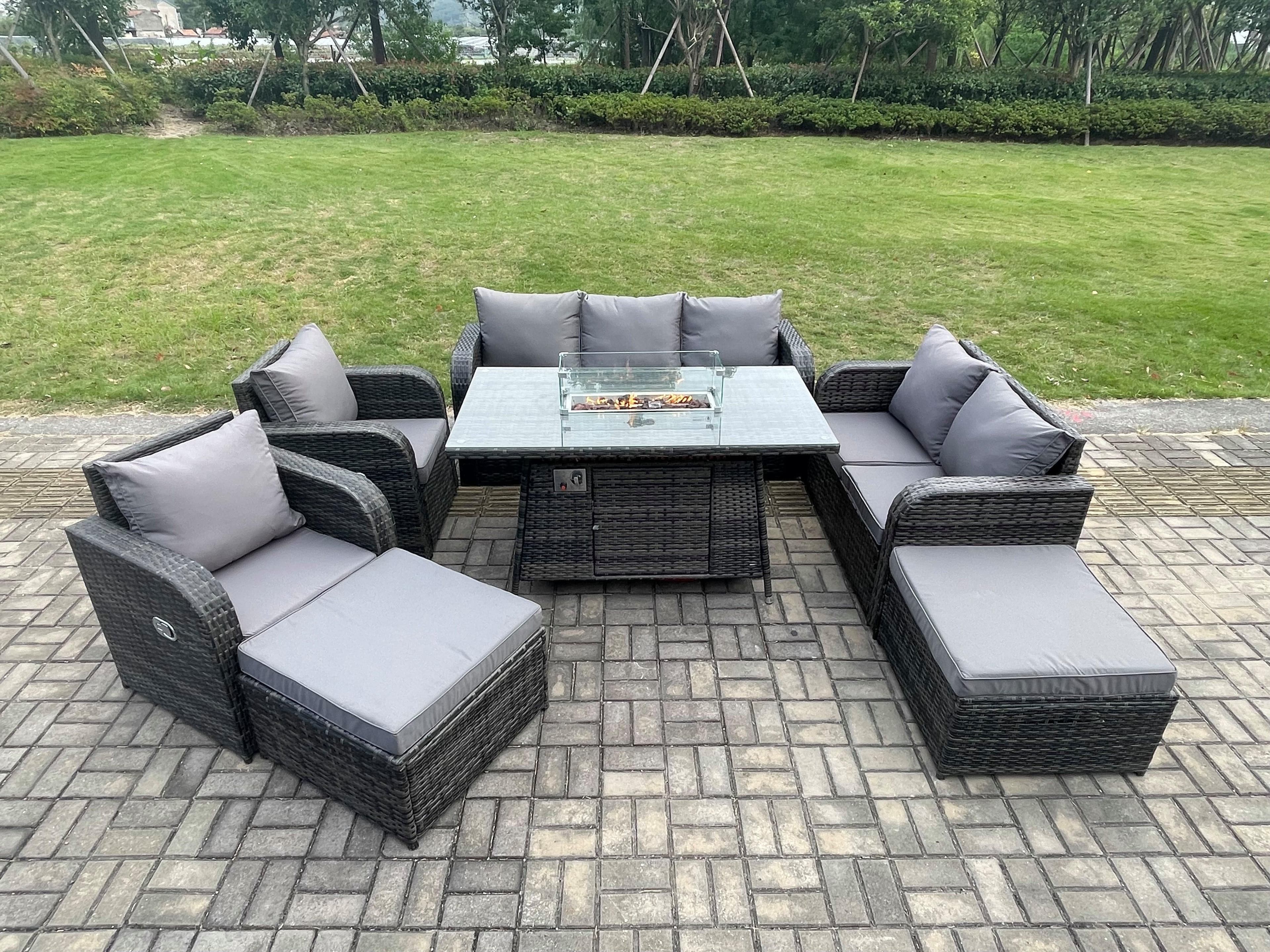 Garden Patio Furniture Wicker Rattan Gas Fire Pit Table Sofa Chair set 2 Big Footstool