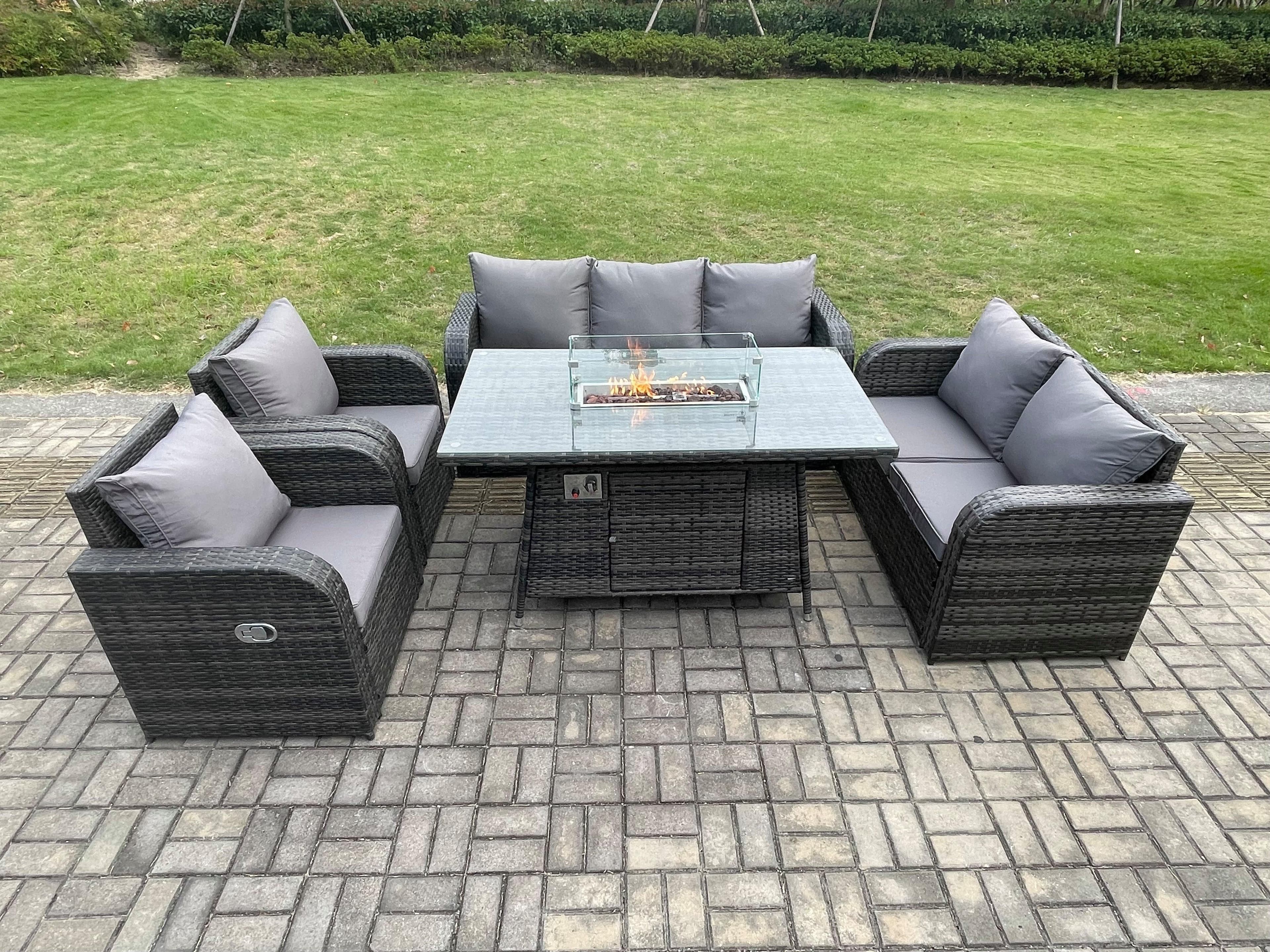 Garden Patio Furniture Wicker Rattan Gas Fire Pit Table Sofa Chair set Dark Grey Mixed