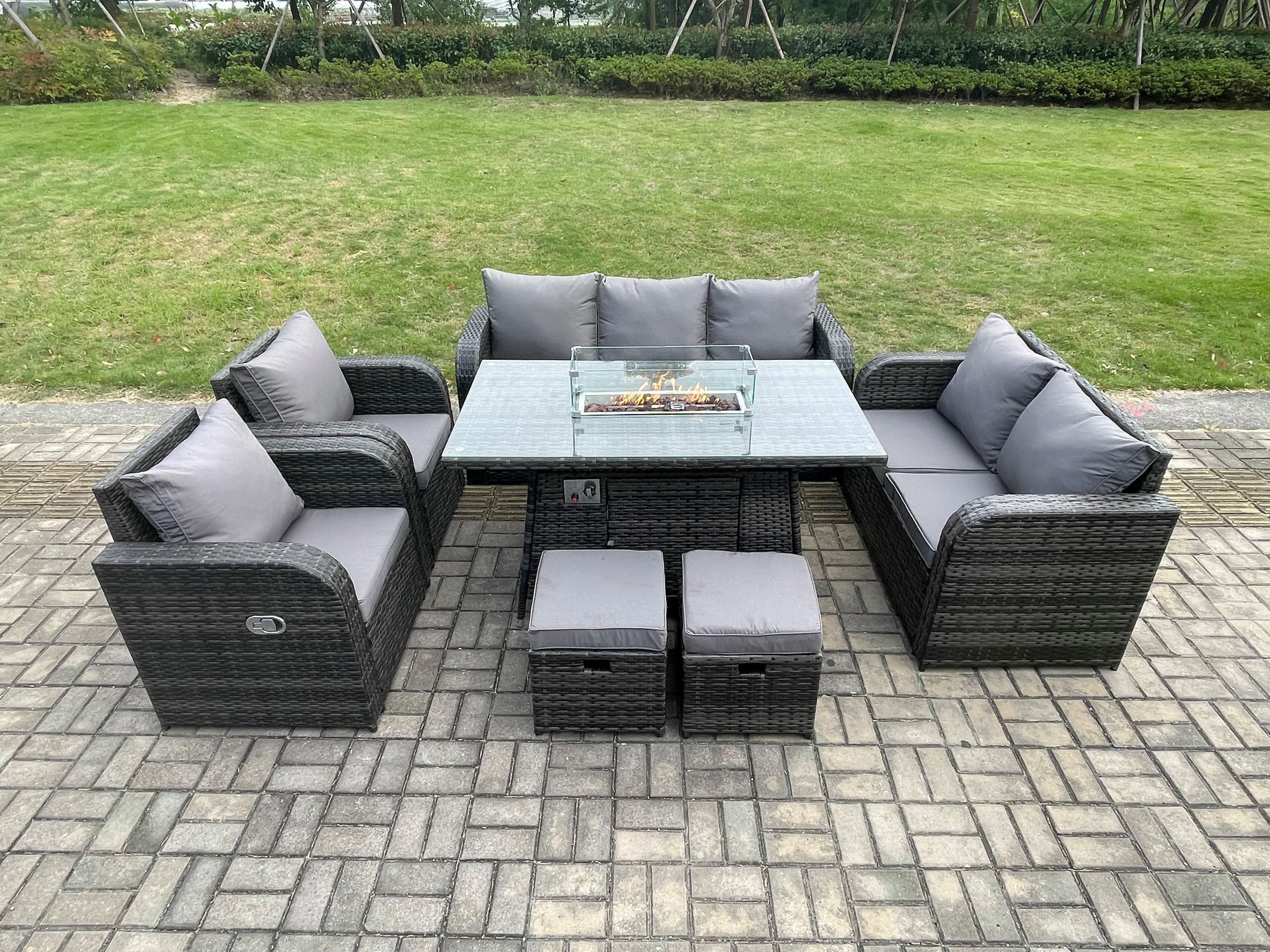 Garden Patio Furniture Wicker Rattan Gas Fire Pit Table Sofa Chair set 2 Small Footstools Dark Grey Mixed