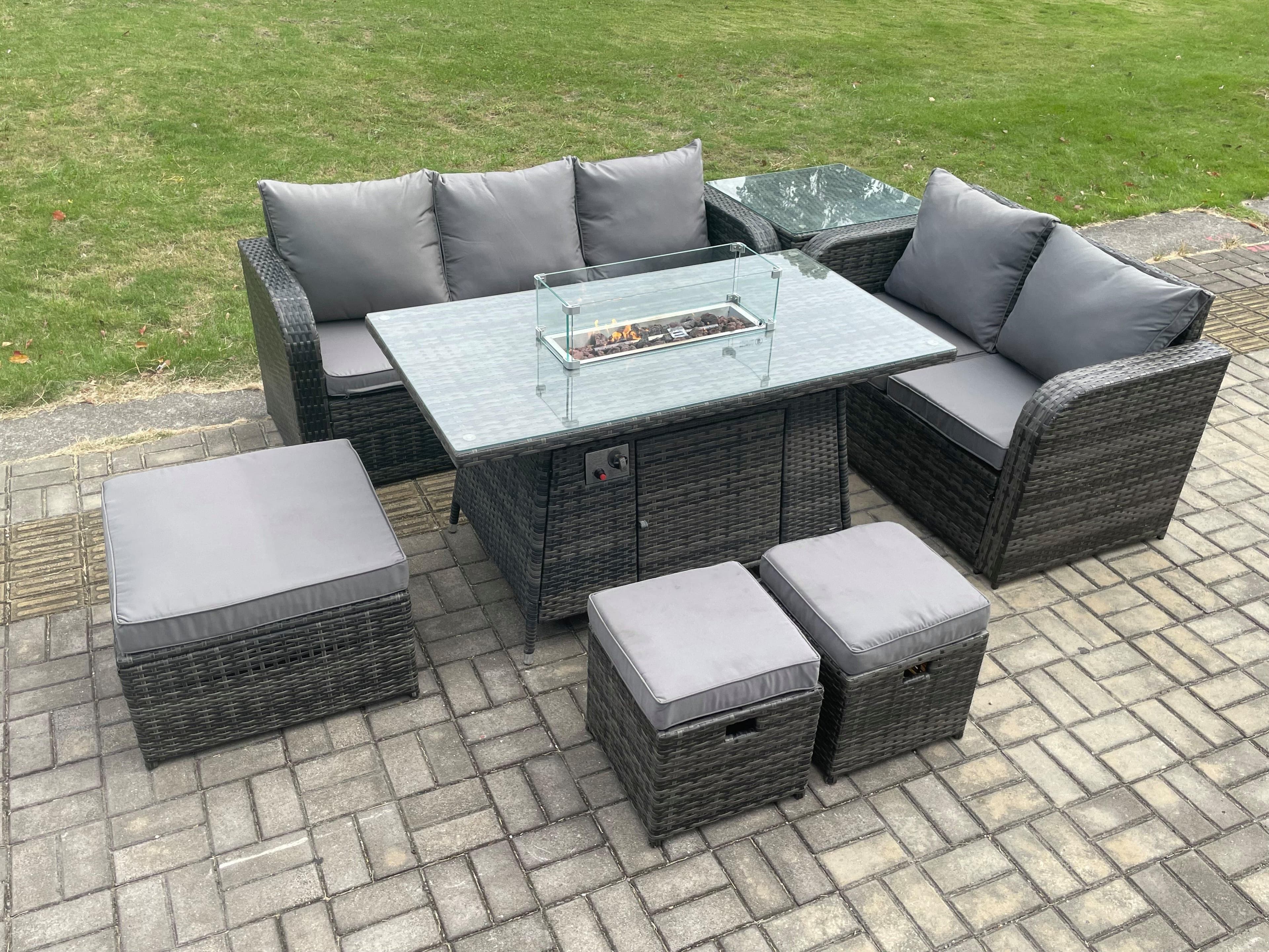 Garden Patio Furniture Wicker Rattan Gas Fire Pit Table Sofa Chair set Side Table 3 Footstools Dark Grey Mixed