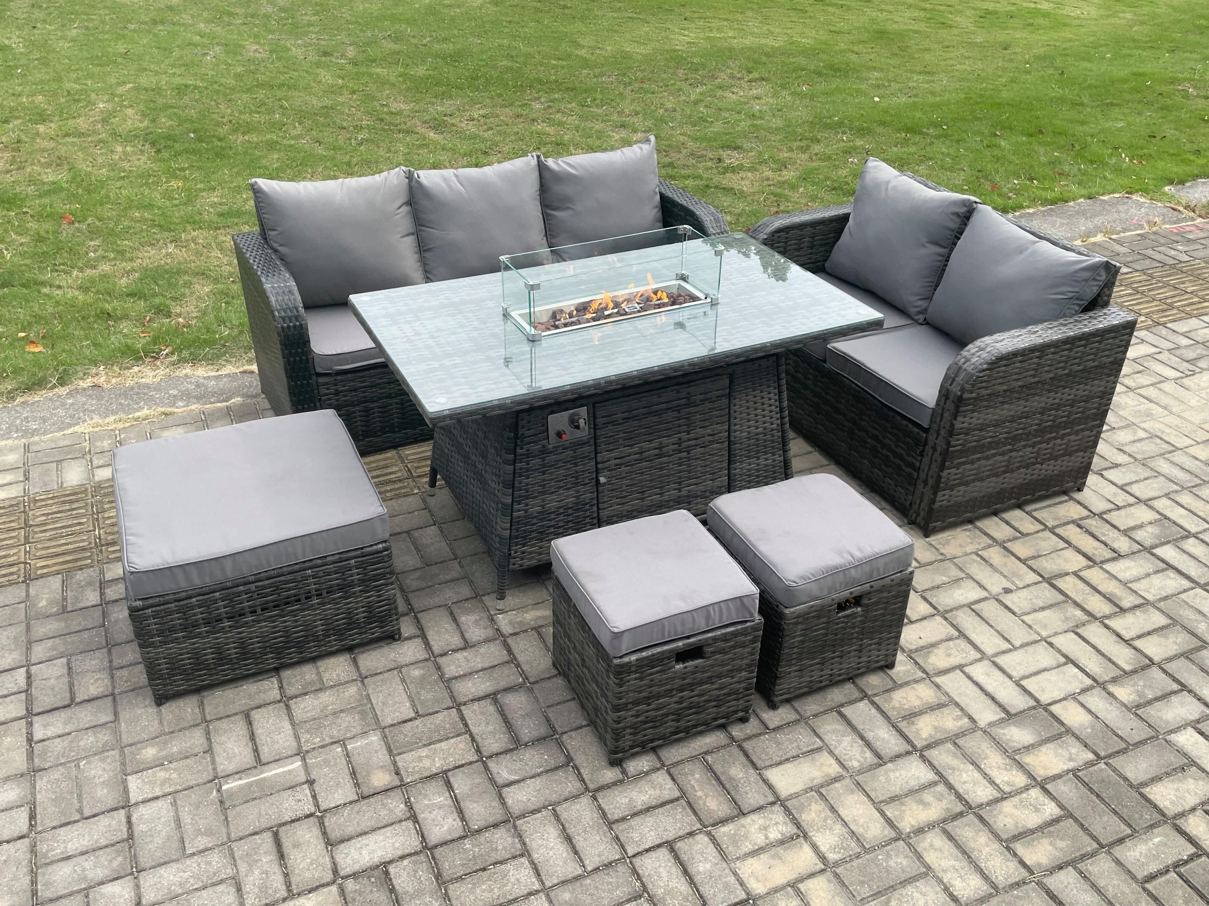 Garden Patio Furniture Wicker Rattan Gas Fire Pit Table Sofa Chair set 3 Footstools Dark Grey Mixed