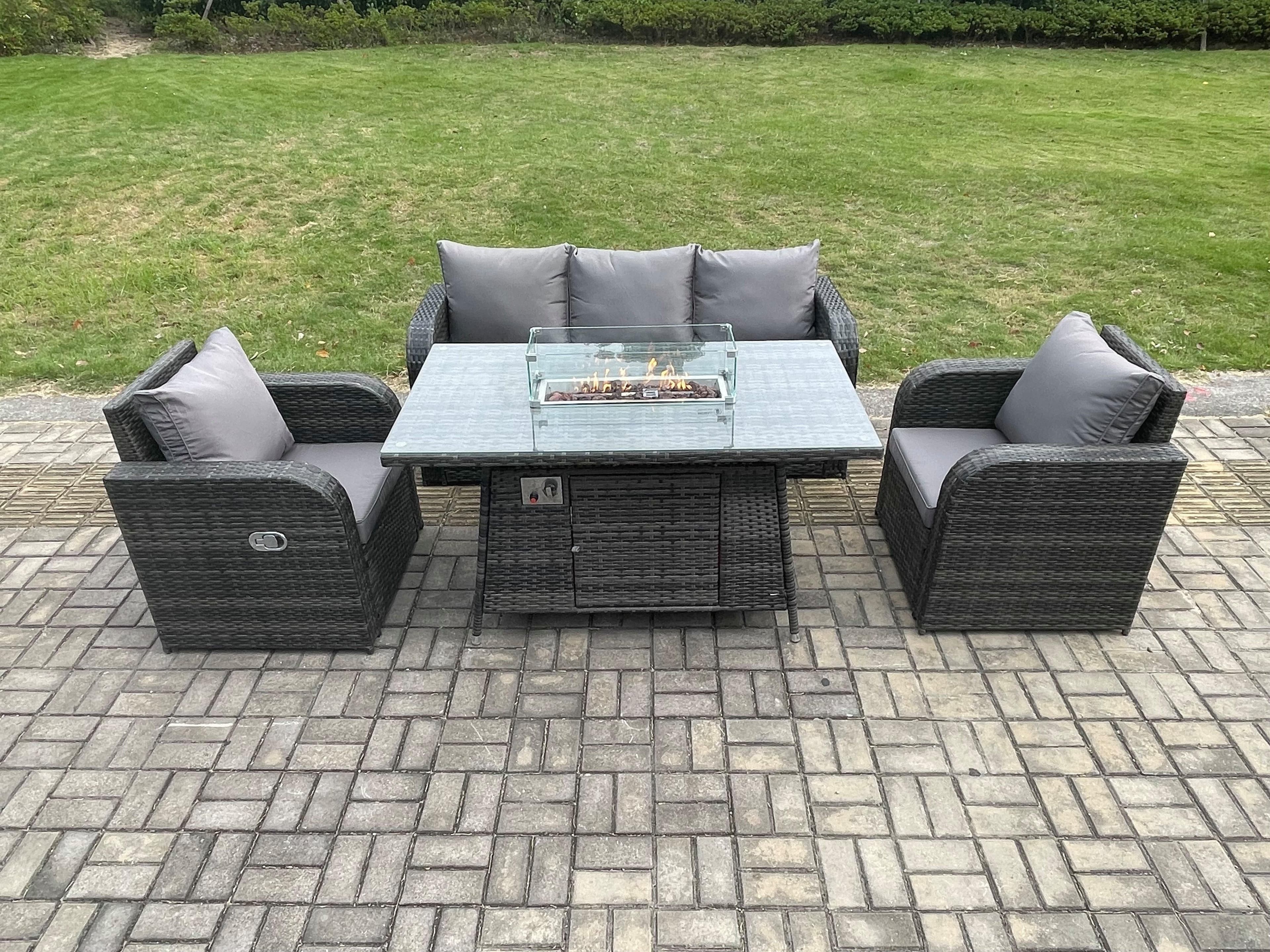 Garden Patio Furniture Wicker Rattan Gas Fire Pit Table Chair set 3 Seater Sofa Dark Grey Mixed