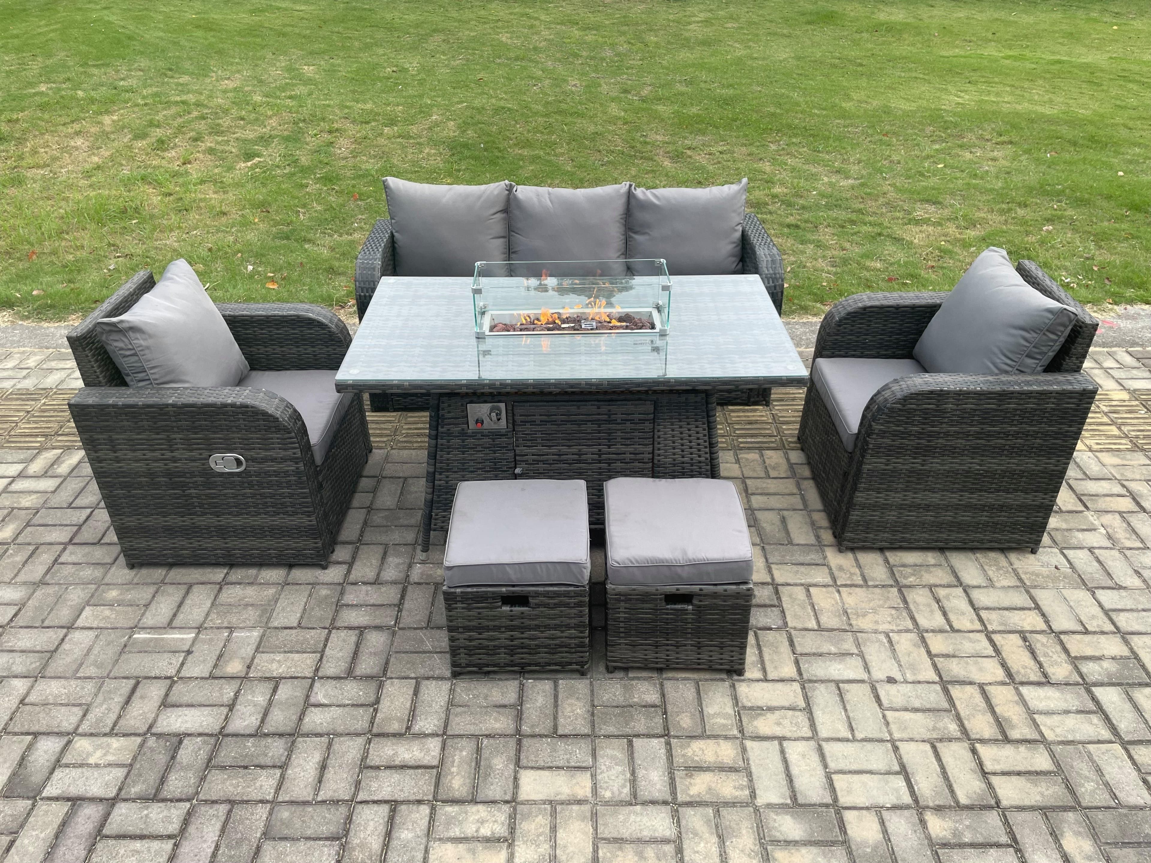 Garden Patio Furniture Wicker Rattan Gas Fire Pit Table Chair set 3 Seater Sofa 2 Small Footstools Dark Grey Mixed