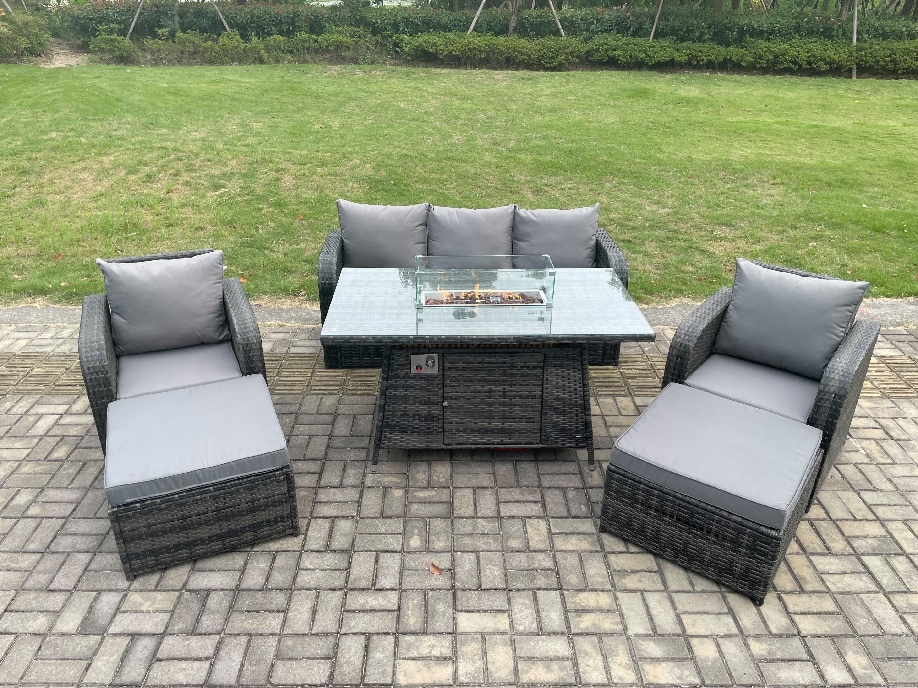 Rattan Outdoor Garden Furniture Sofa Set Gas Fire Pit Dining Table Gas Heater 2 Big Footstool Dark Grey Mixed