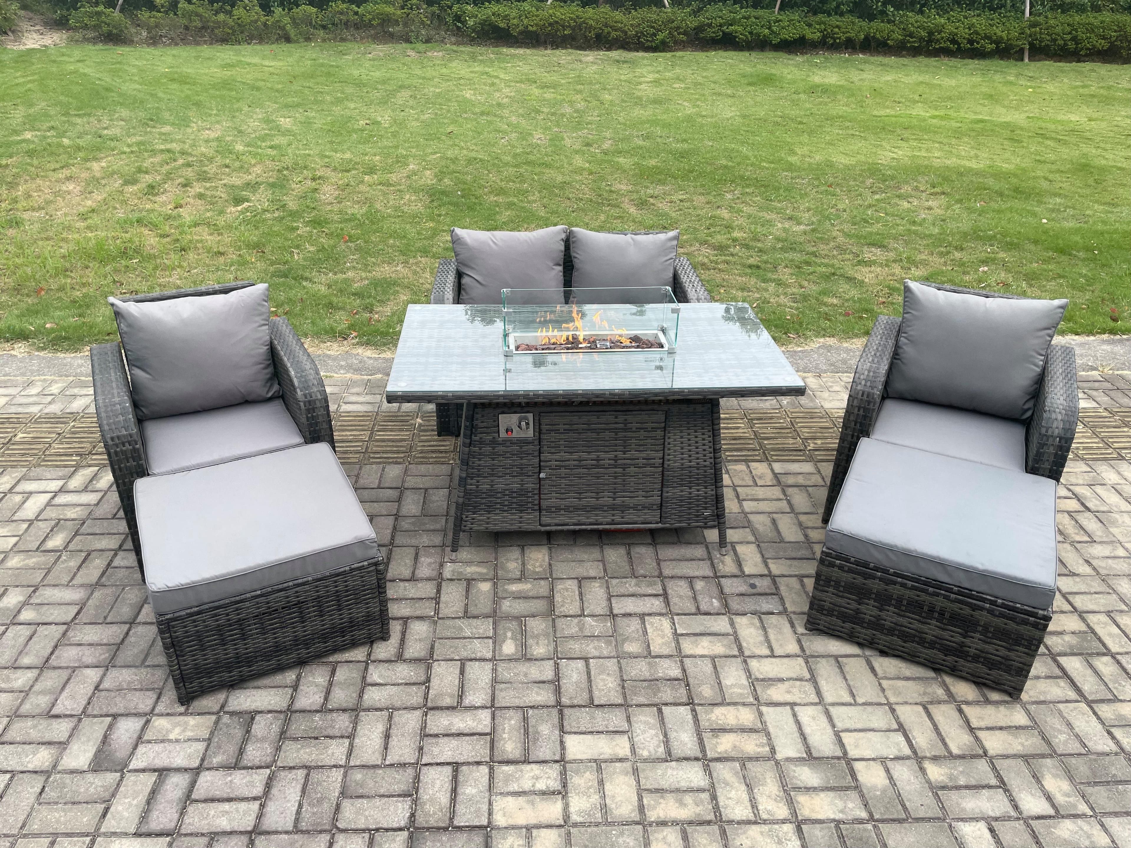 Rattan Outdoor Garden Furniture Sofa Set Gas Fire Pit Dining Table Gas Heater Love Sofa 2 Big Footstool Dark Grey Mixed