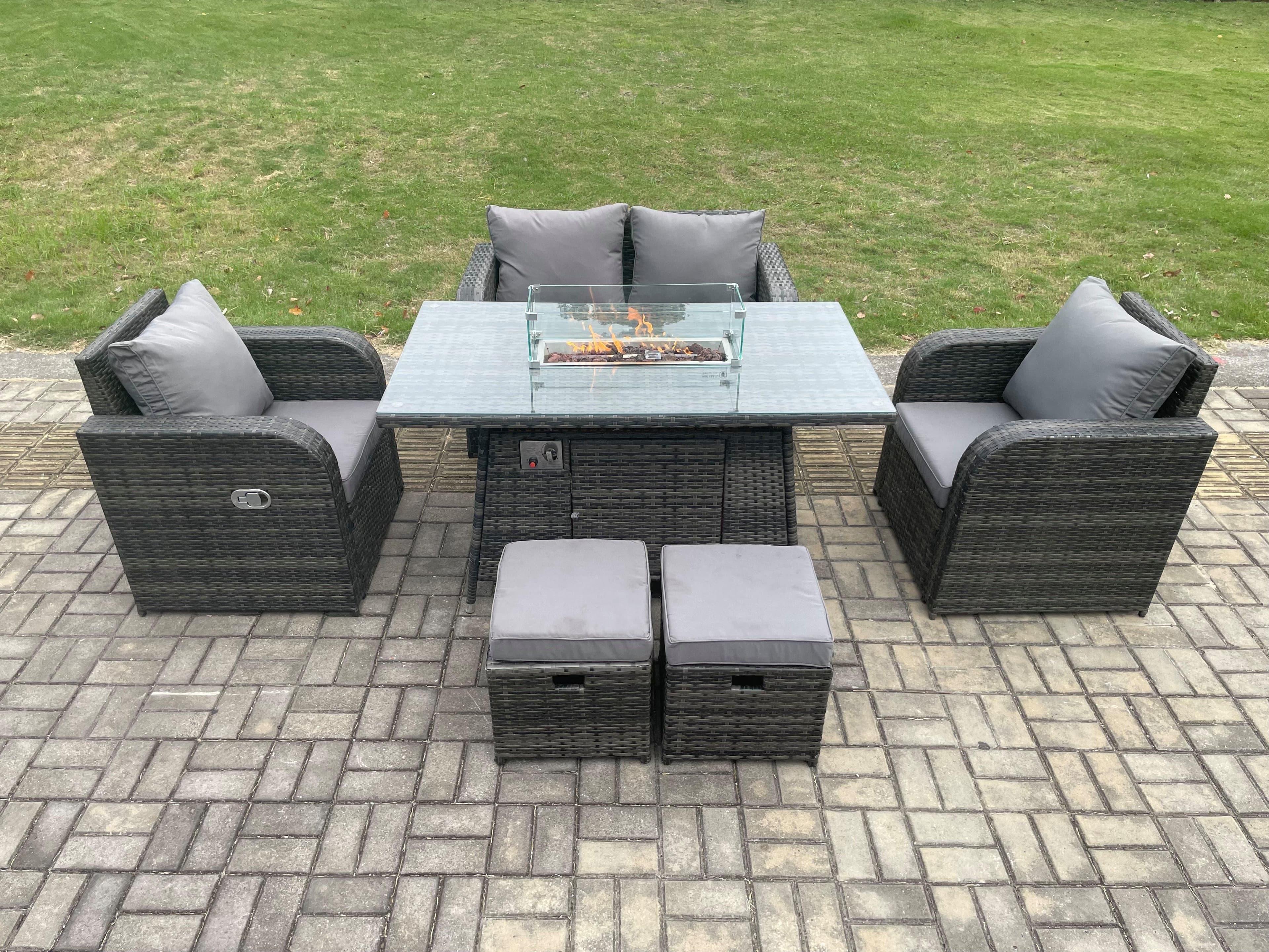 Rattan Outdoor Garden Furniture Sofa Set Gas Fire Pit Dining Table Gas Heater Love Sofa 2 Small Footstool Dark Grey Mixed