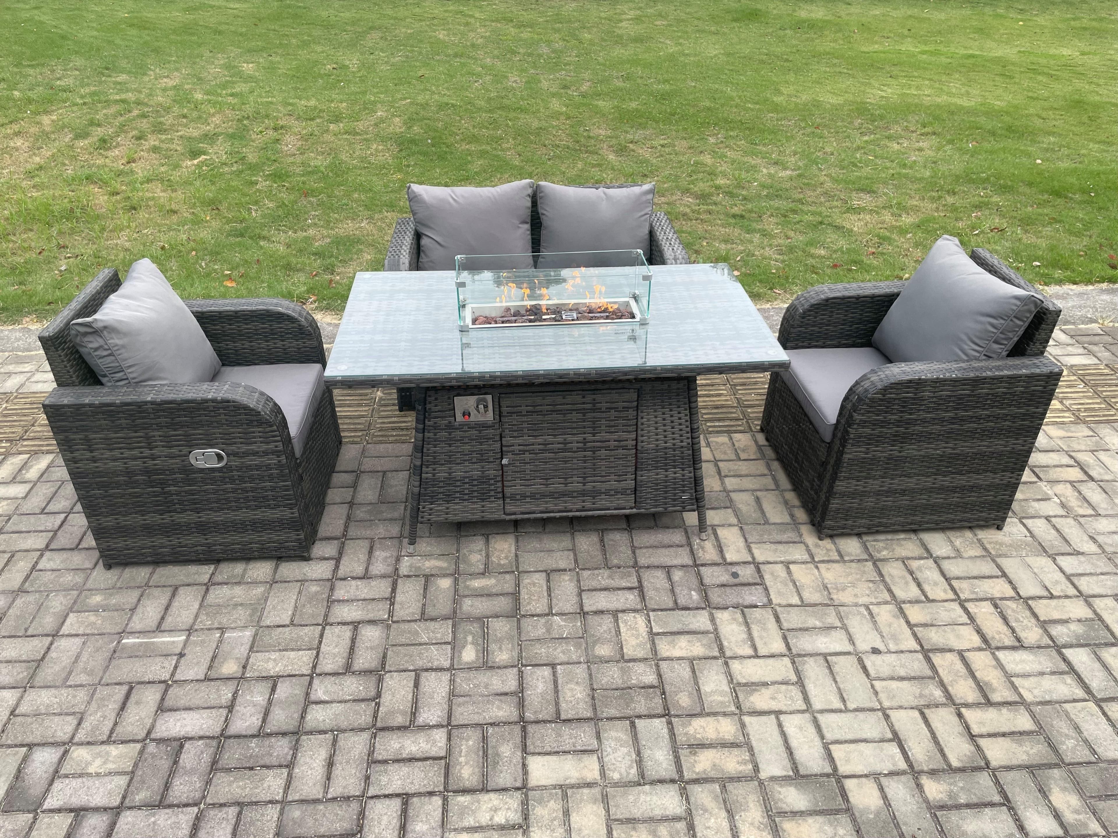 Rattan Outdoor Garden Furniture Sofa Set Gas Fire Pit Dining Table Gas Heater Love Sofa 2 Recling Chair Dark Grey Mixed