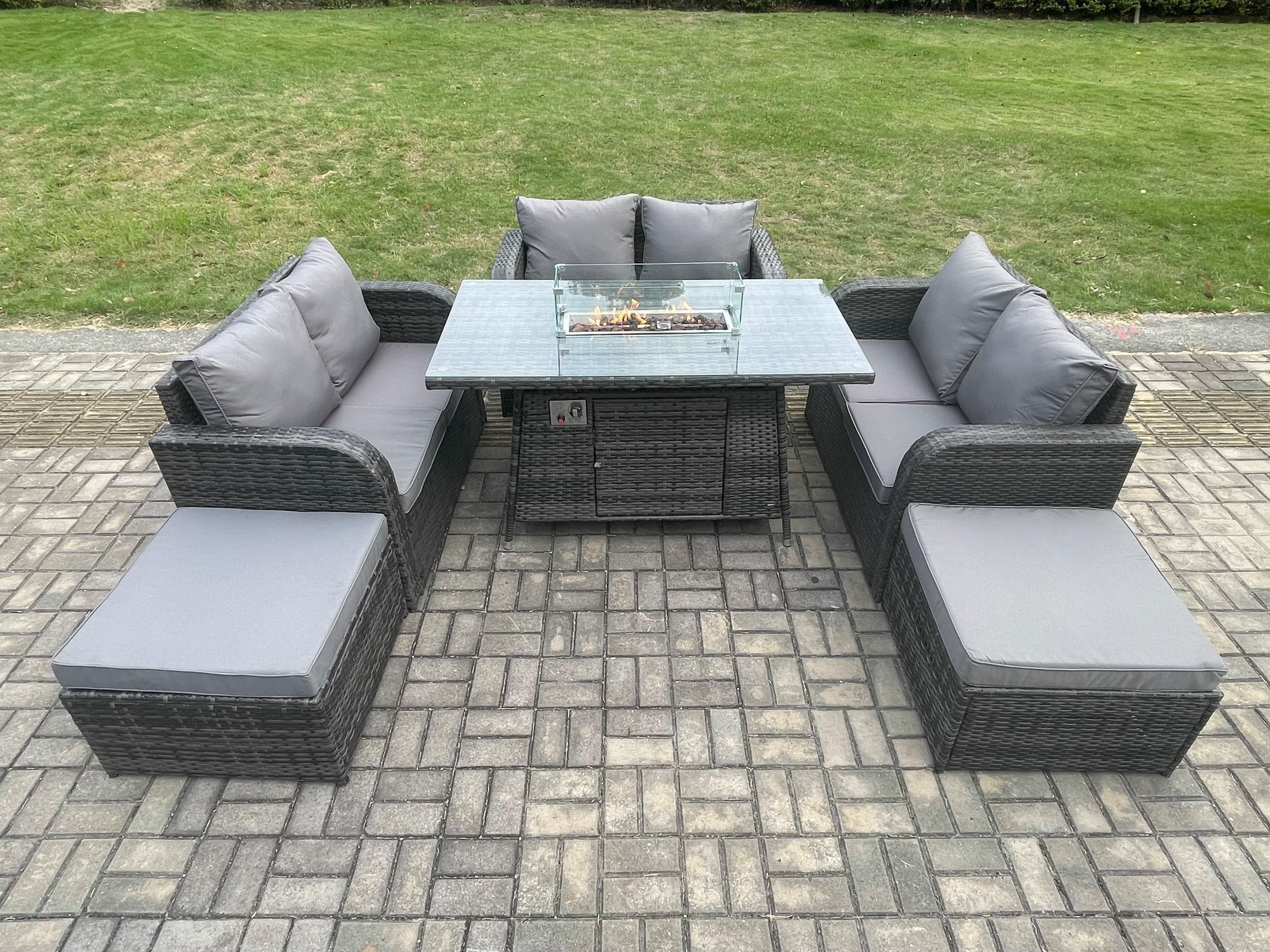 8 Seater Rattan Outdoor Garden Furniture Sofa Set Gas Fire Pit Dining Table Gas Heater Love Sofa 2 Big Footstool