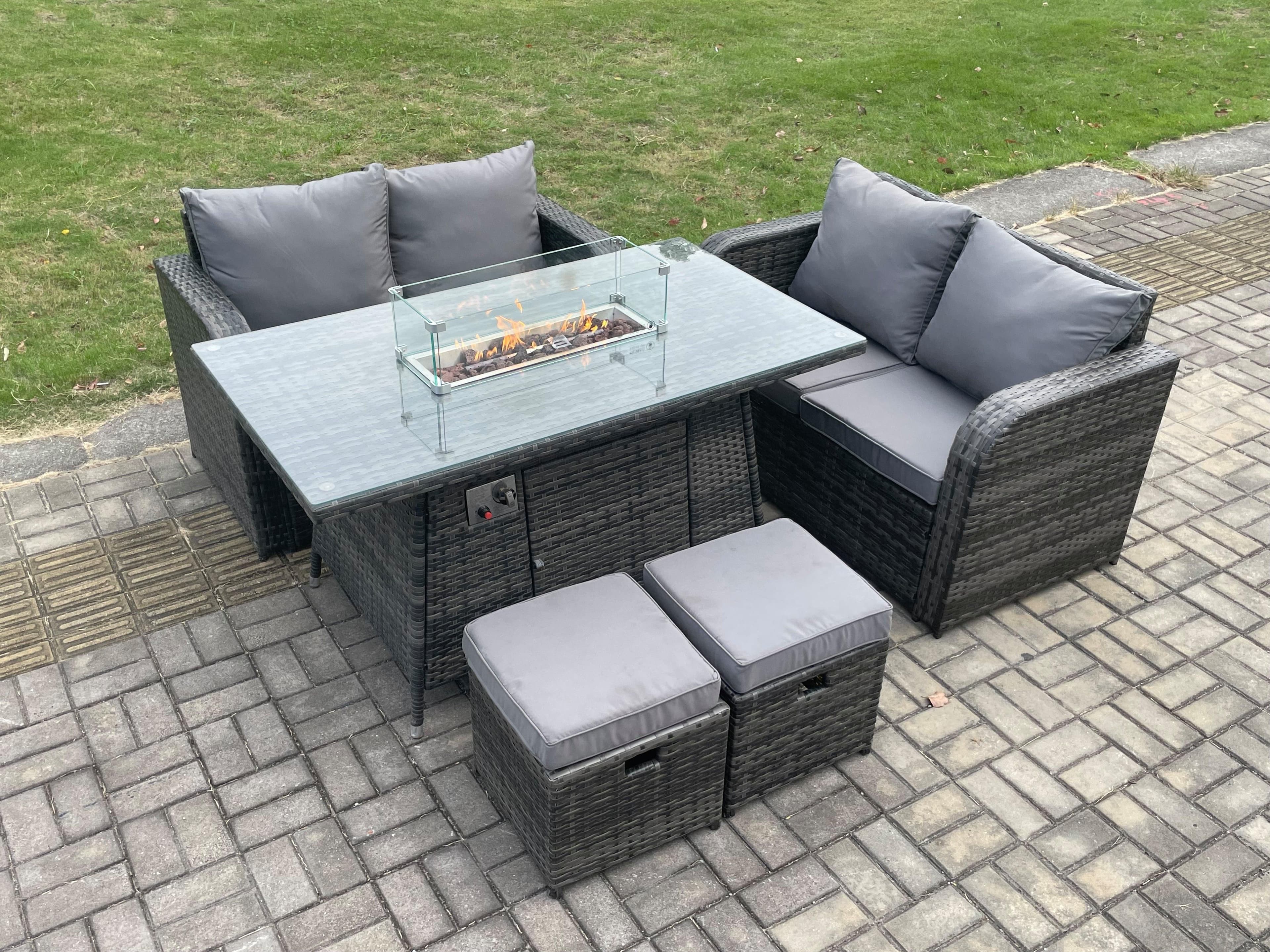6 Seater Rattan Outdoor Garden Furniture Sofa Set Gas Fire Pit Dining Table Gas Heater Love Sofa 2 Small Footstool