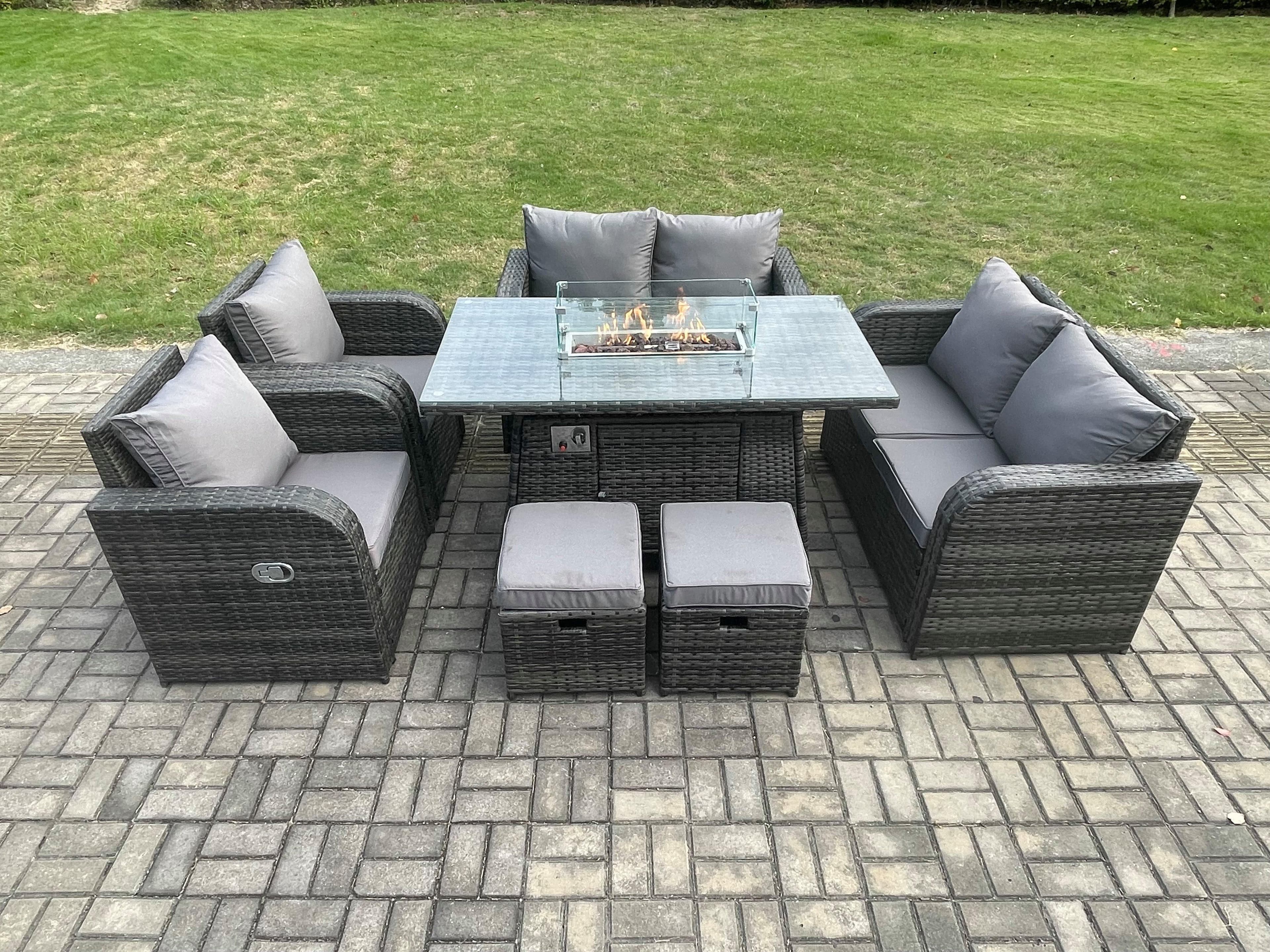 Rattan Outdoor Garden Furniture Sofa Set Gas Fire Pit Dining Table Gas Heater Love Sofa 2 Small Footstool 8 Seater