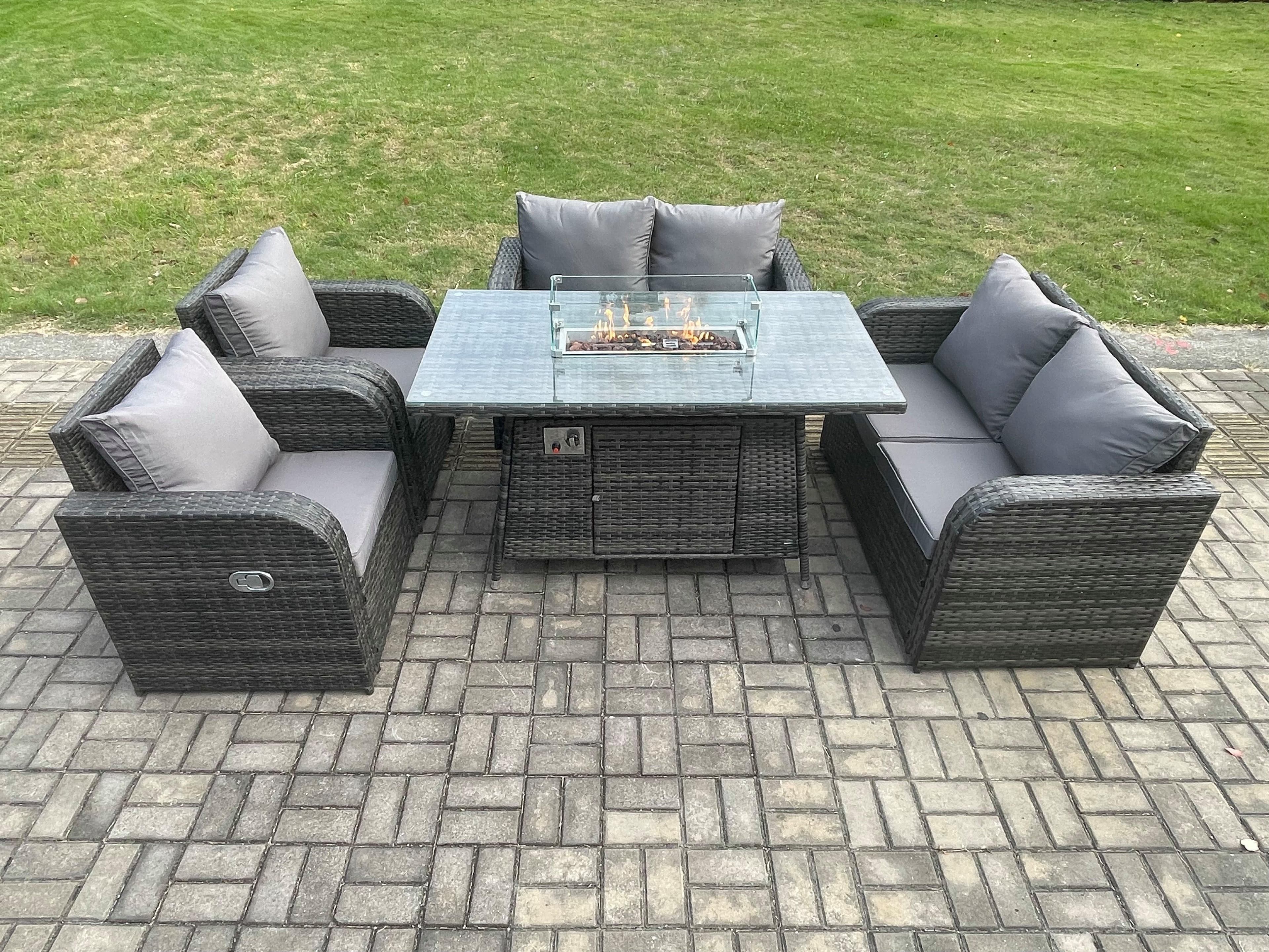 Rattan Outdoor Garden Furniture Sofa Set Gas Fire Pit Dining Table Gas Heater Love Sofa Recling Chair 6 Seater
