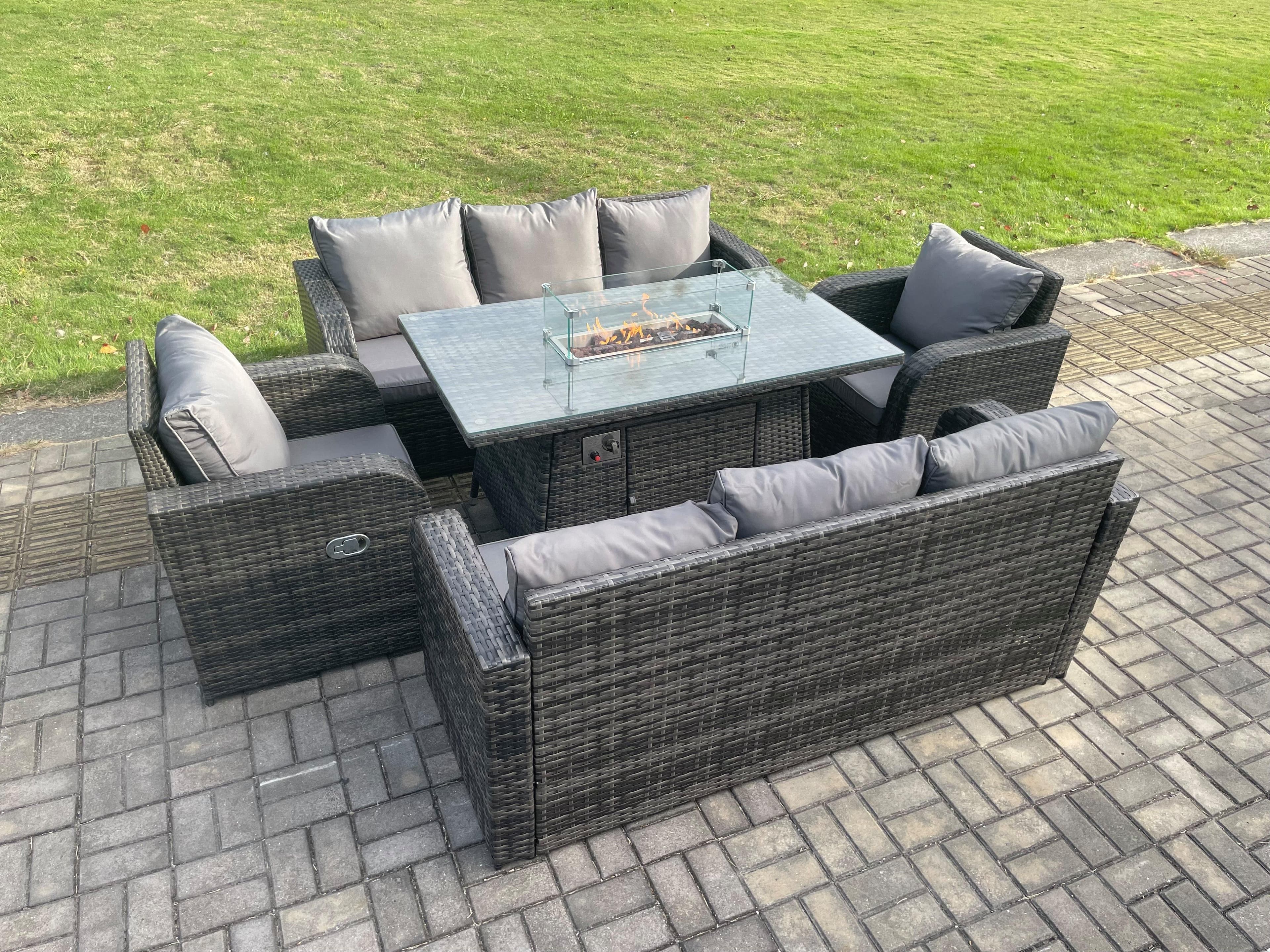 Rattan Outdoor Garden Furniture Sofa Set Gas Fire Pit Dining Table Gas Heater 3 Seater Sofa Recling Chair 8 Seater